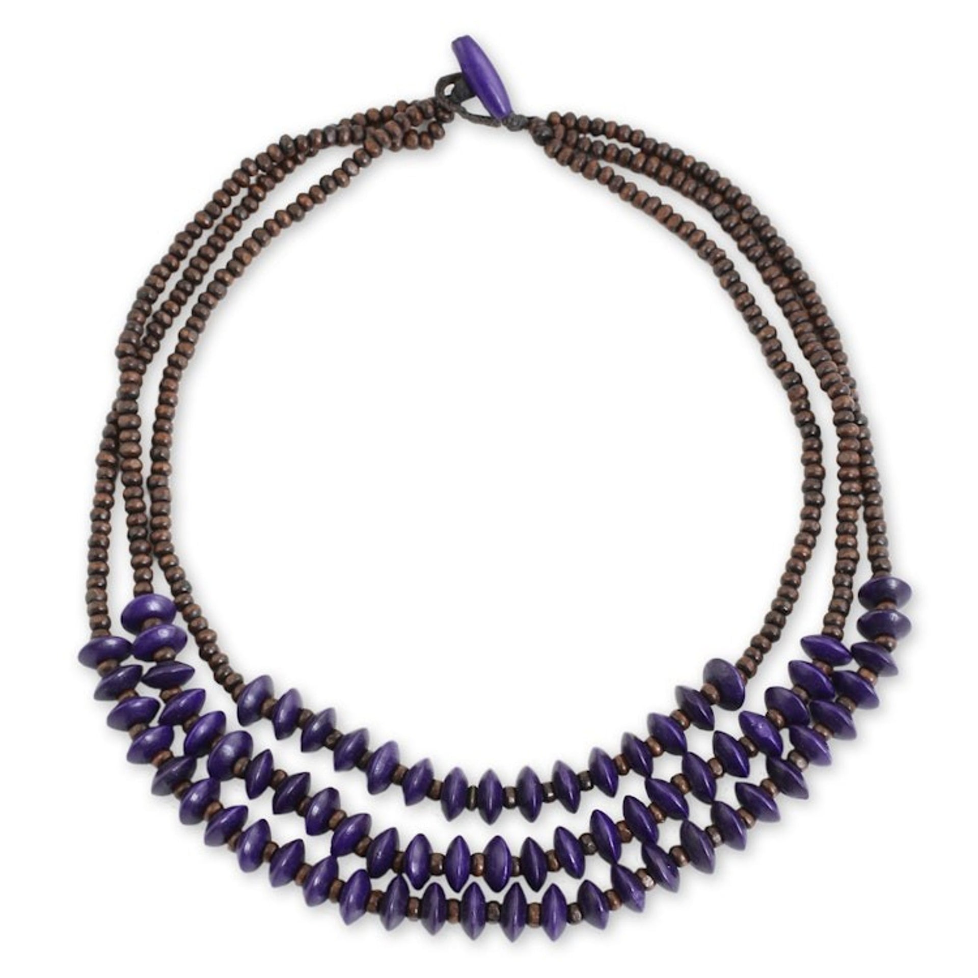 Artisan Crafted Purple Wood Beaded Waterfall Necklace 'Happy Purple Brown'
