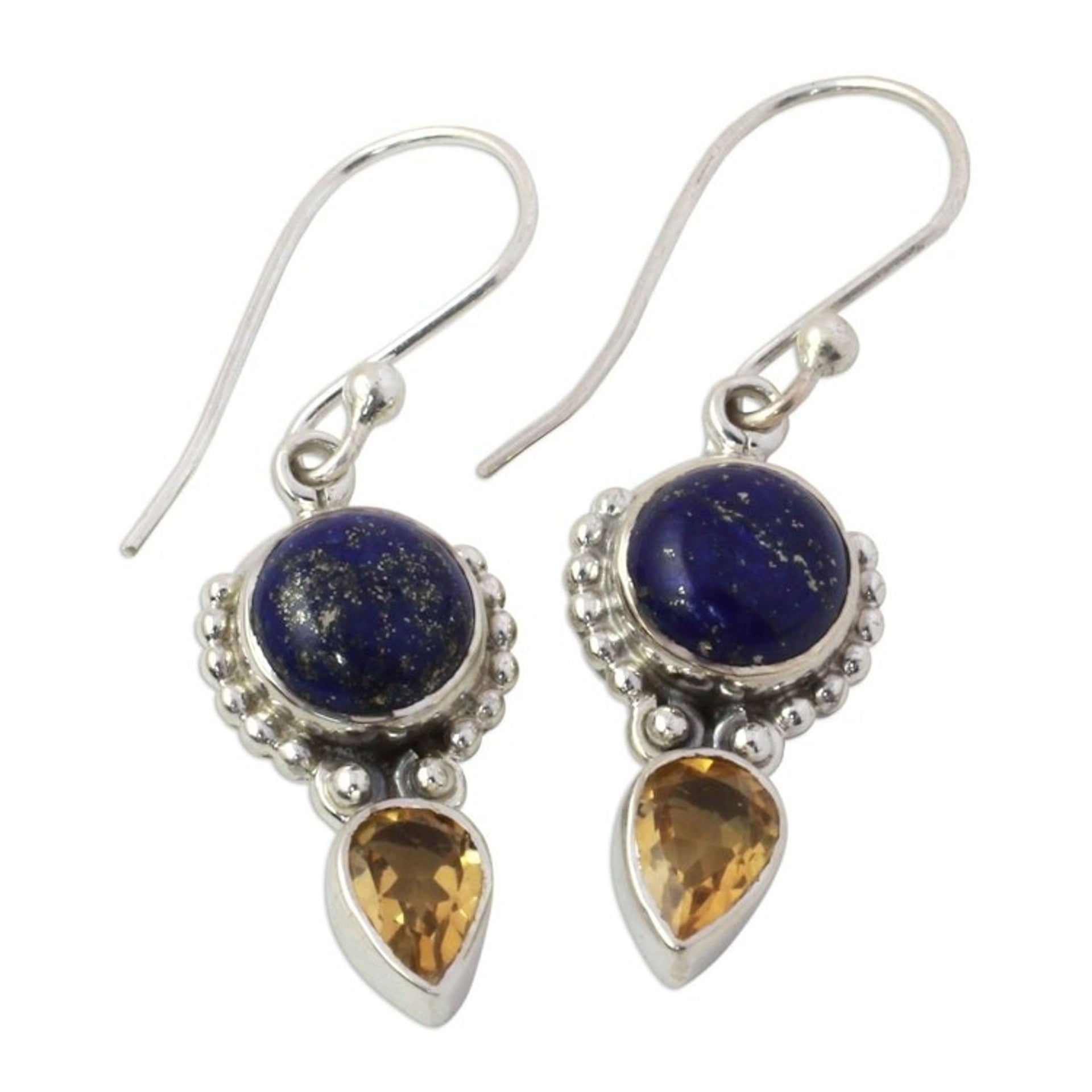 Handmade Citrine Lapis Lazuli Dangle Earrings from India 'Indian Dew'