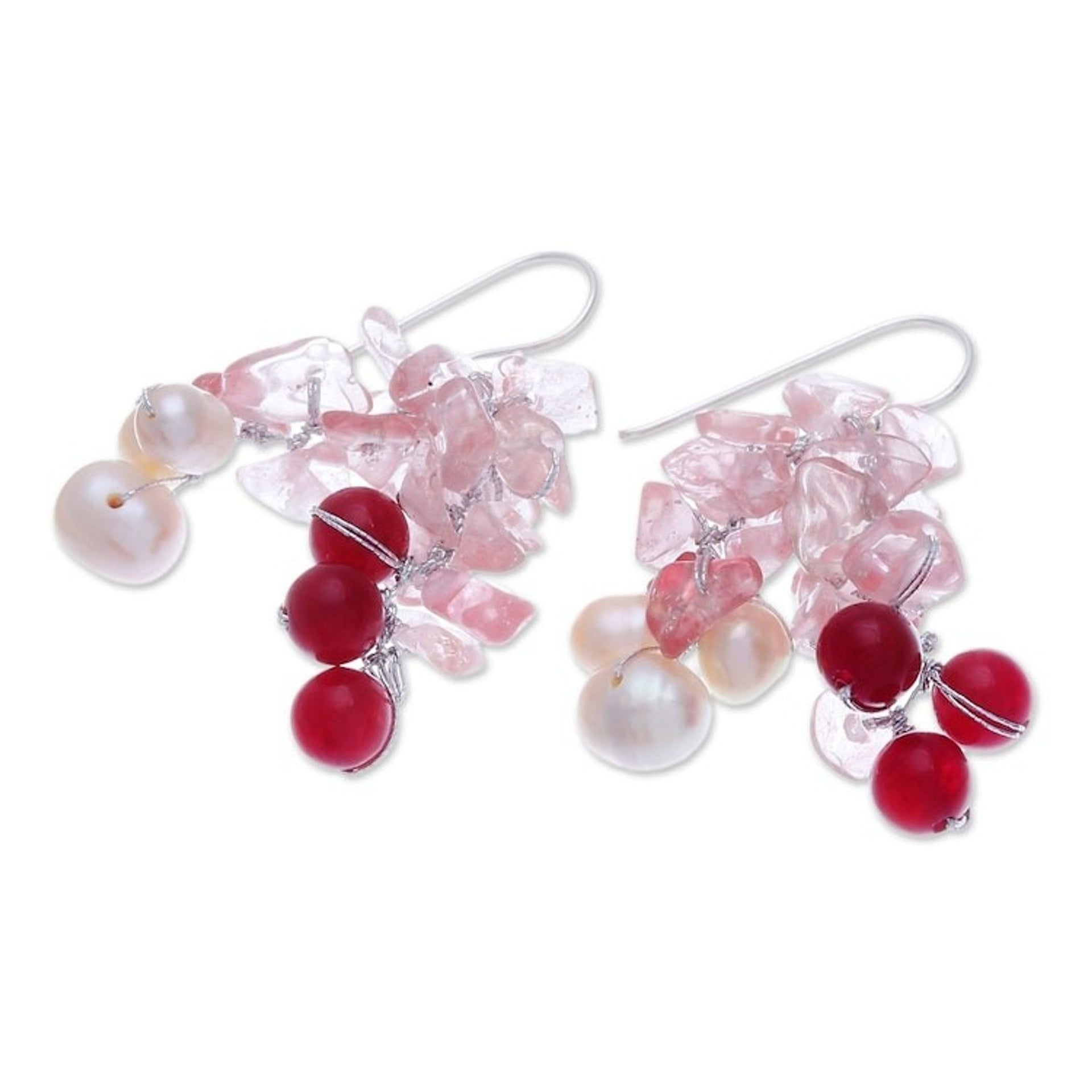 Thai Cultured Pearl and Quartz Dangle Earrings 'Pink Palace'