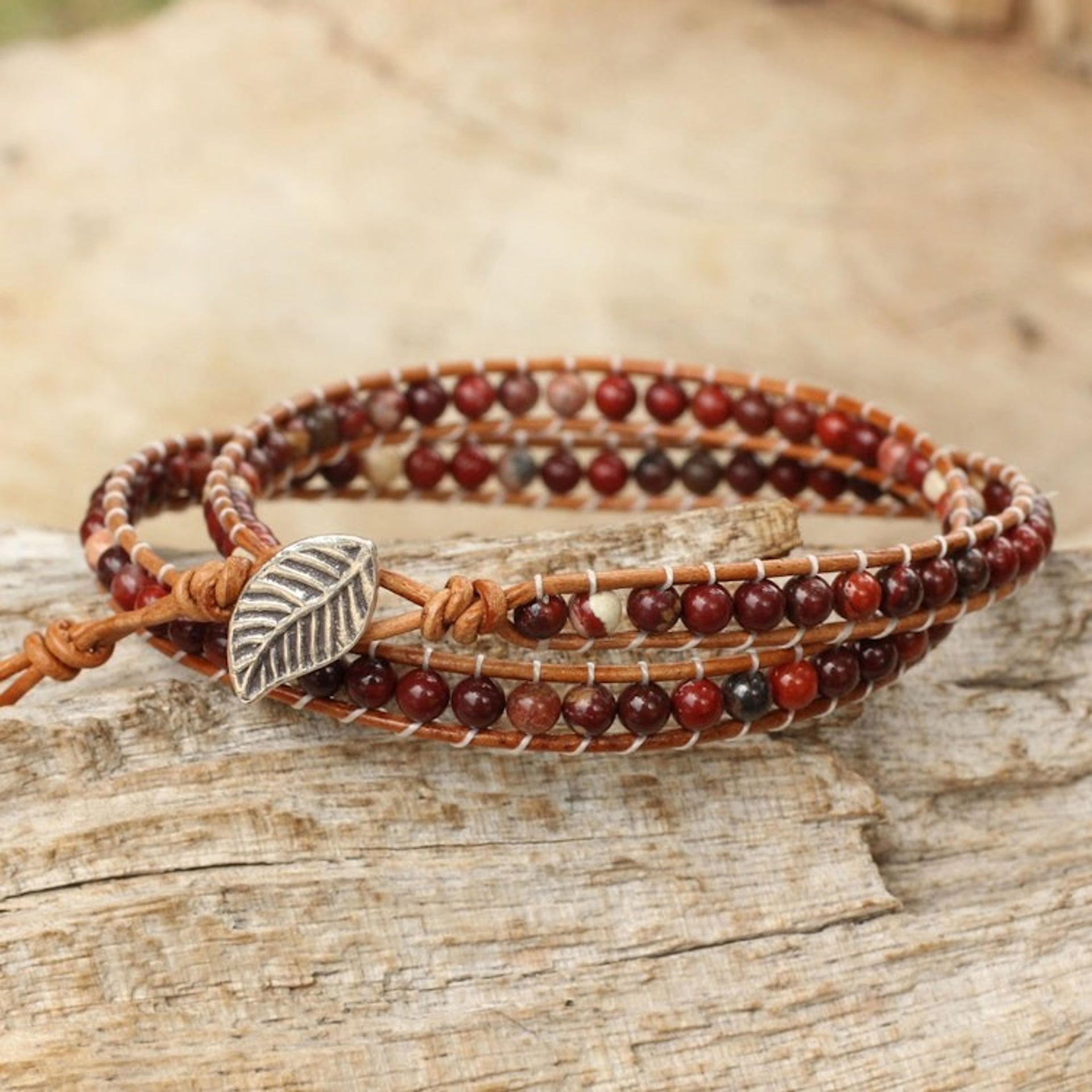 Beaded Wrap Bracelet with Red Jasper and Leather Cords 'Special Wine'