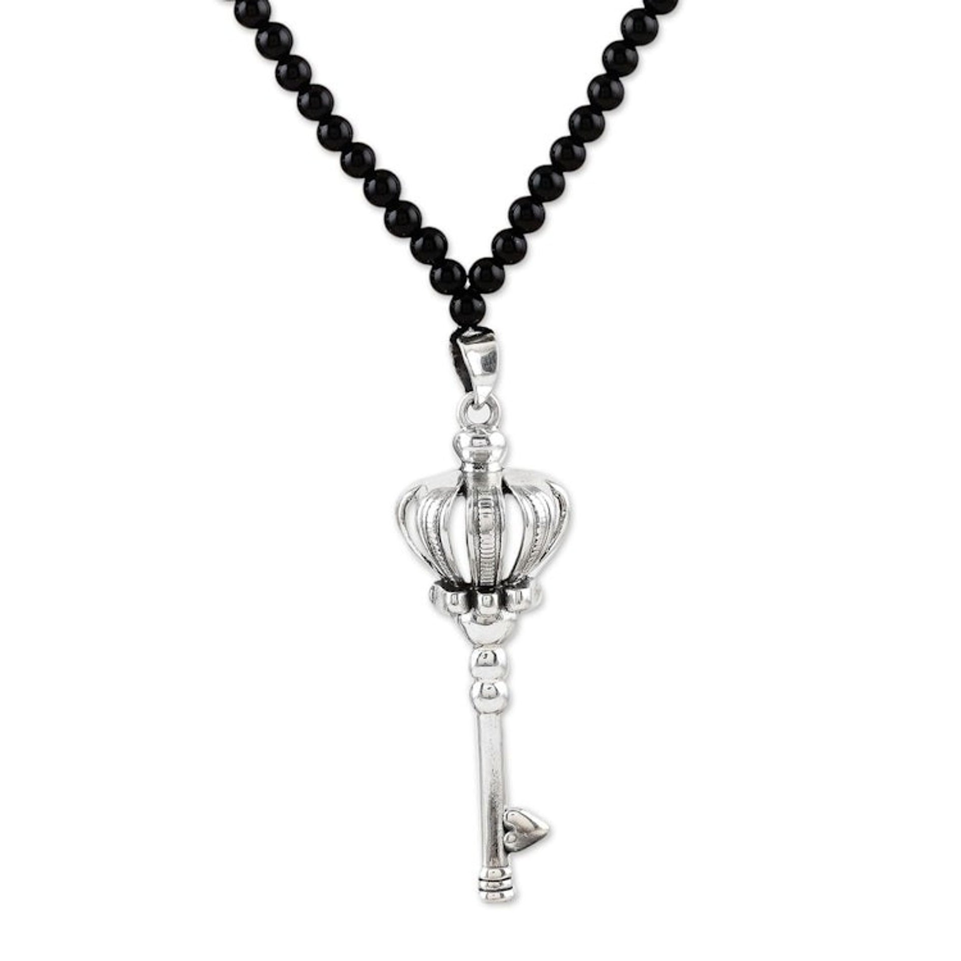 Sterling Silver and Onyx Key-Motif Pendant Necklace 'Magic Key'