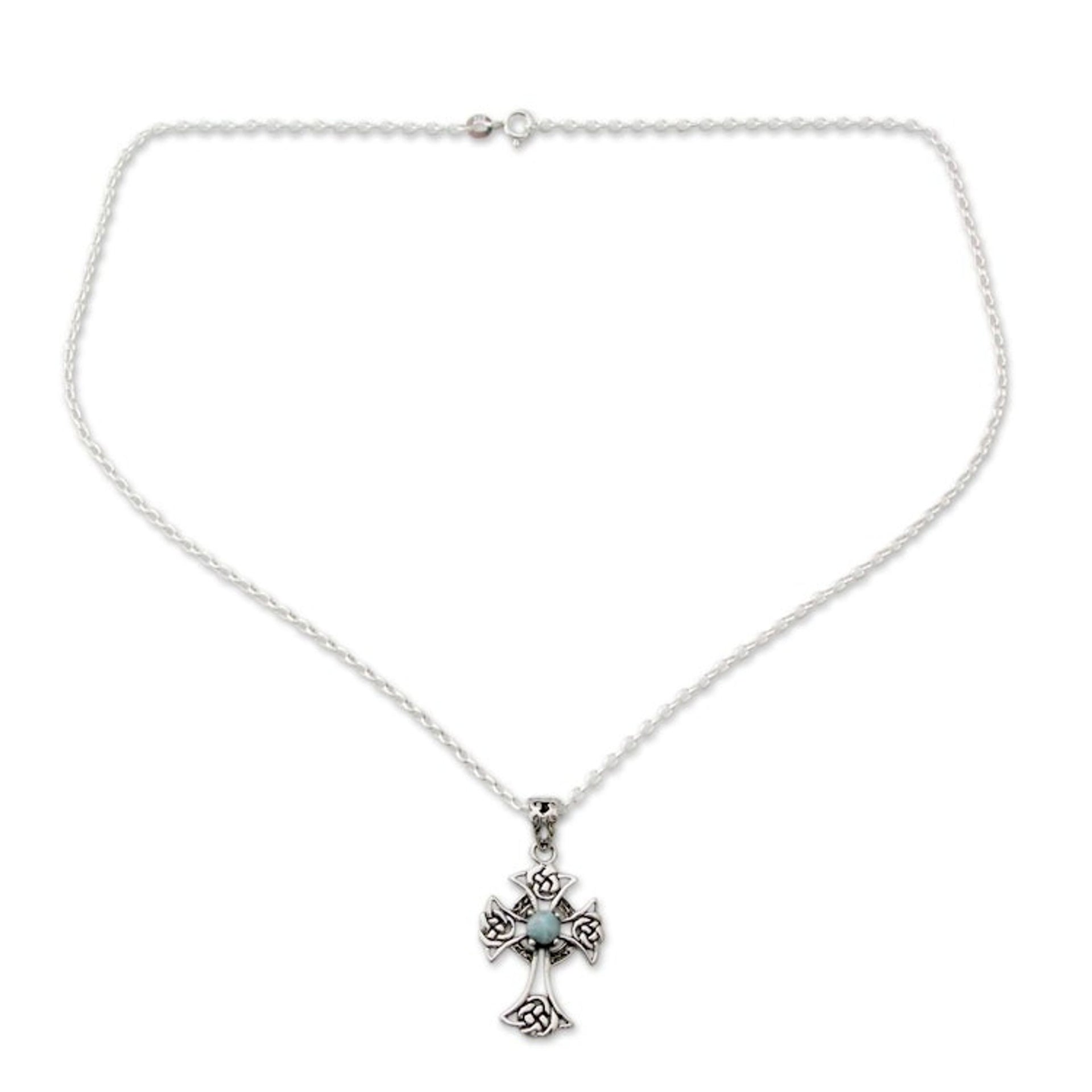 Artisan Crafted Cross Pendant Necklace with Larimar 'Sacred Realm'