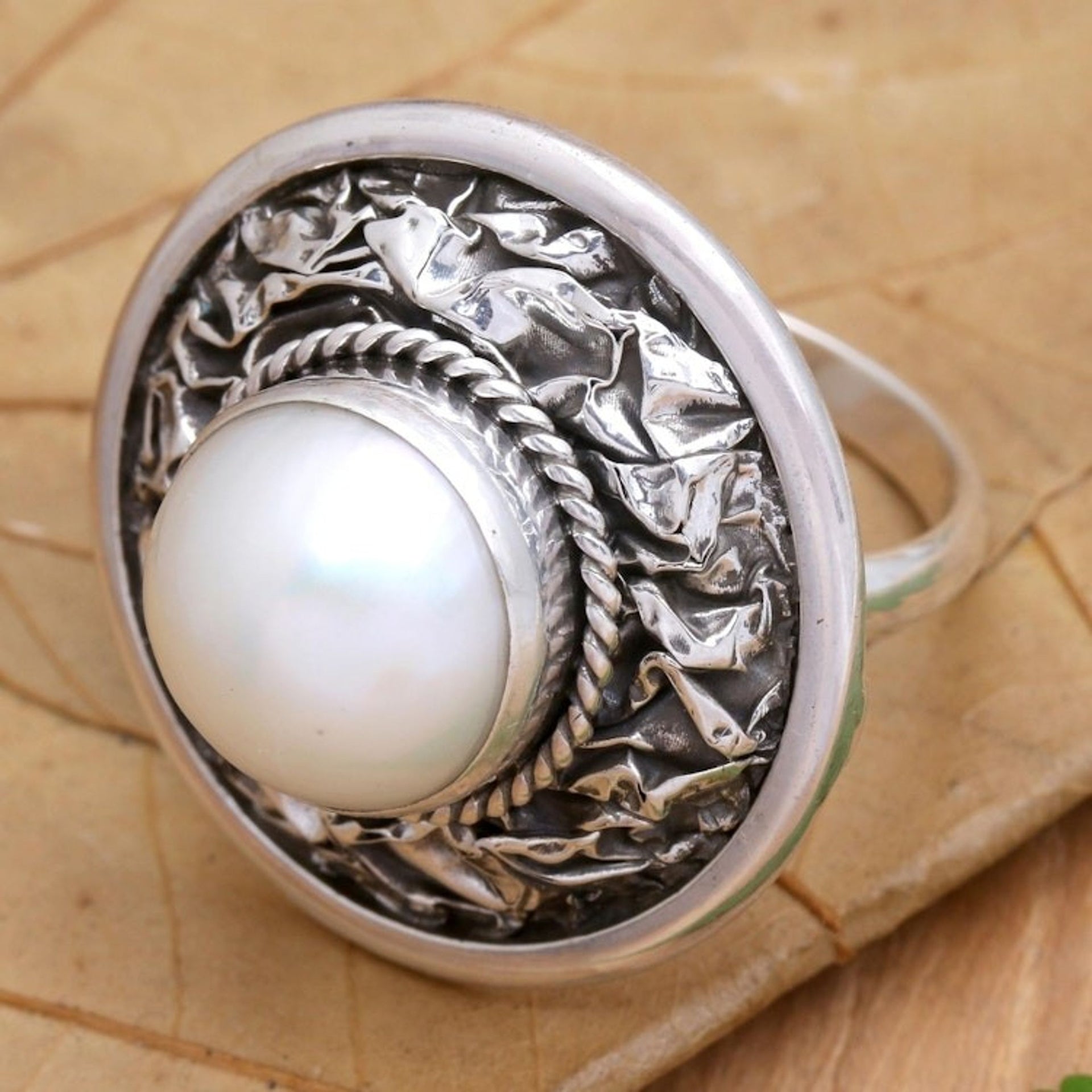 Cultured Freshwater Pearl and Sterling Silver Cocktail Ring 'Lunar Plane'