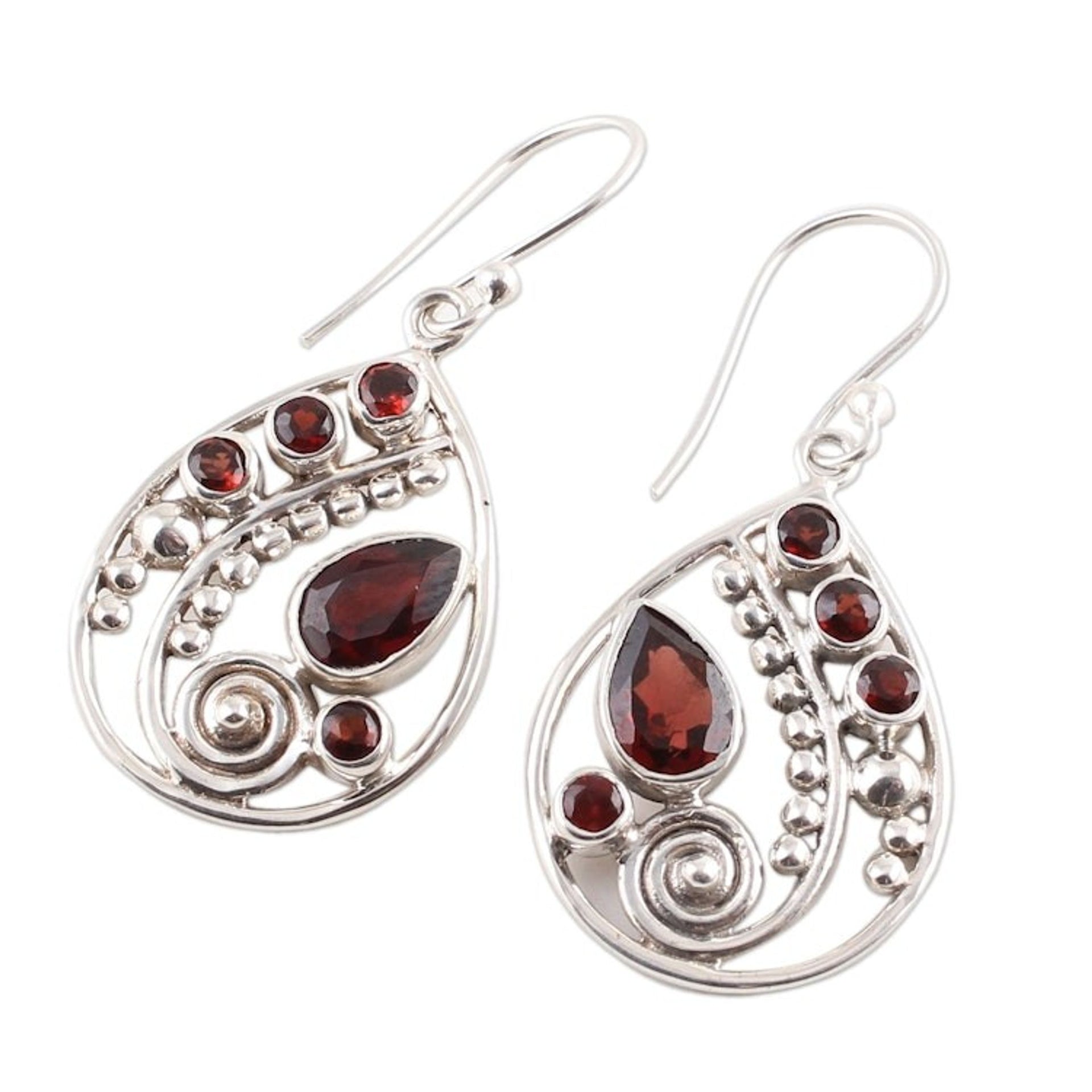 Garnet and Sterling Silver Dangle Earrings from India 'Scarlet Dew'