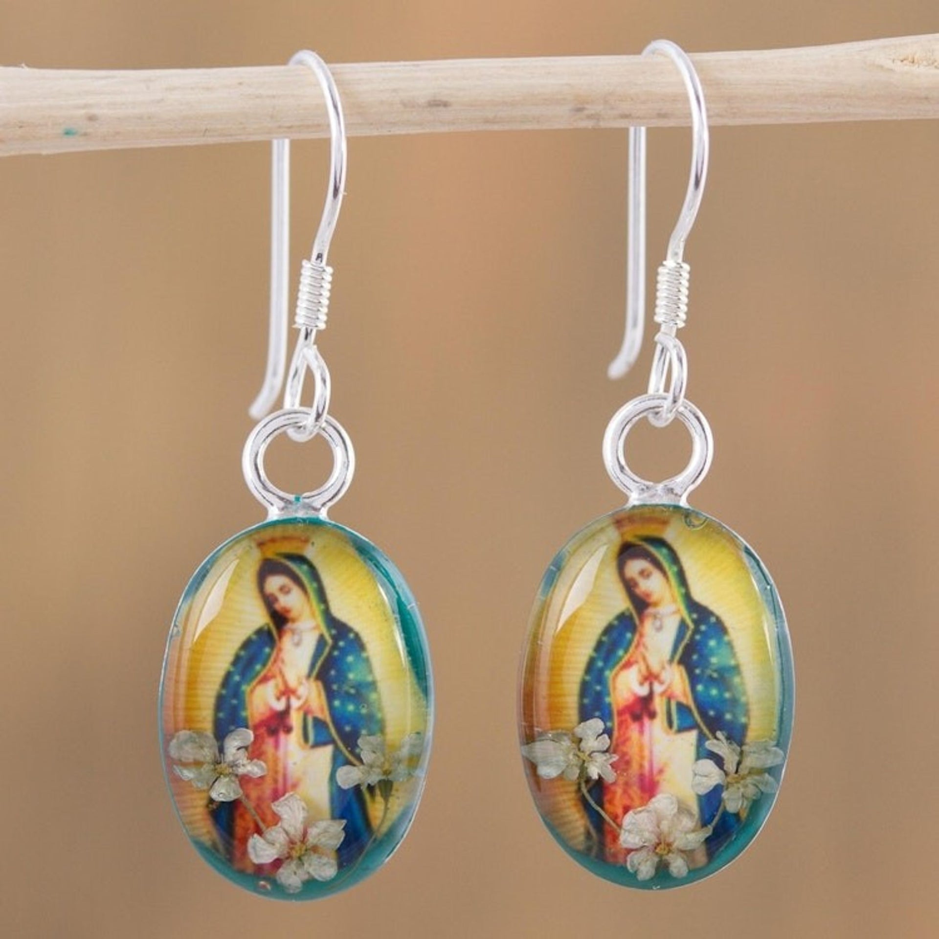 Religious Natural Flower Dangle Earrings from Mexico 'Flowering Faith'