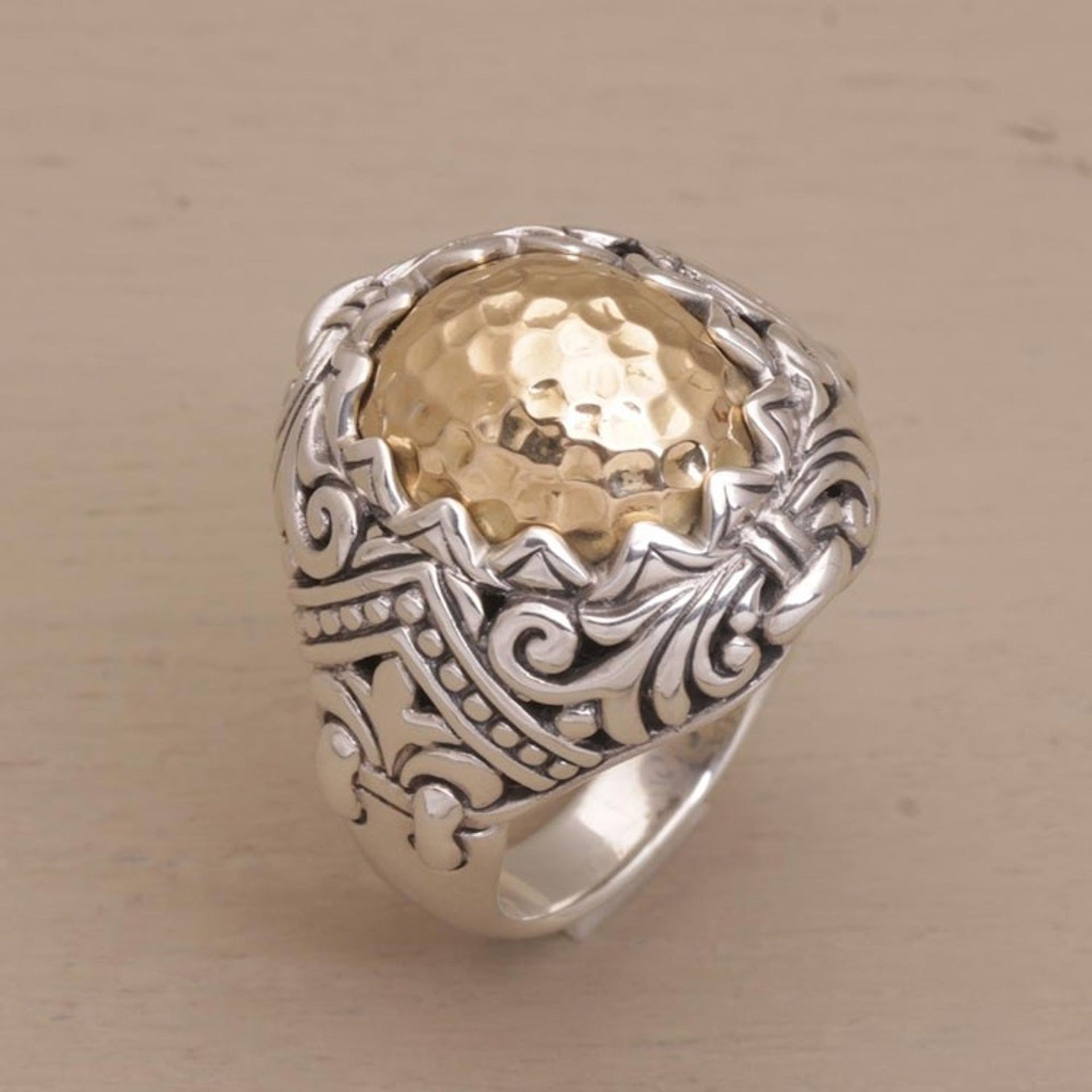 Gold Accent Sterling Silver Cocktail Ring from Bali 'Altar Gift'