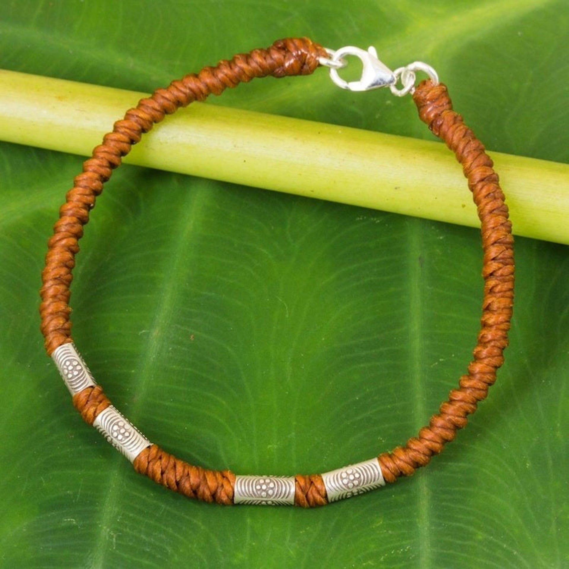 950 Silver Accent Wristband Braided Bracelet from Thailand 'Simply Happy in Rust'