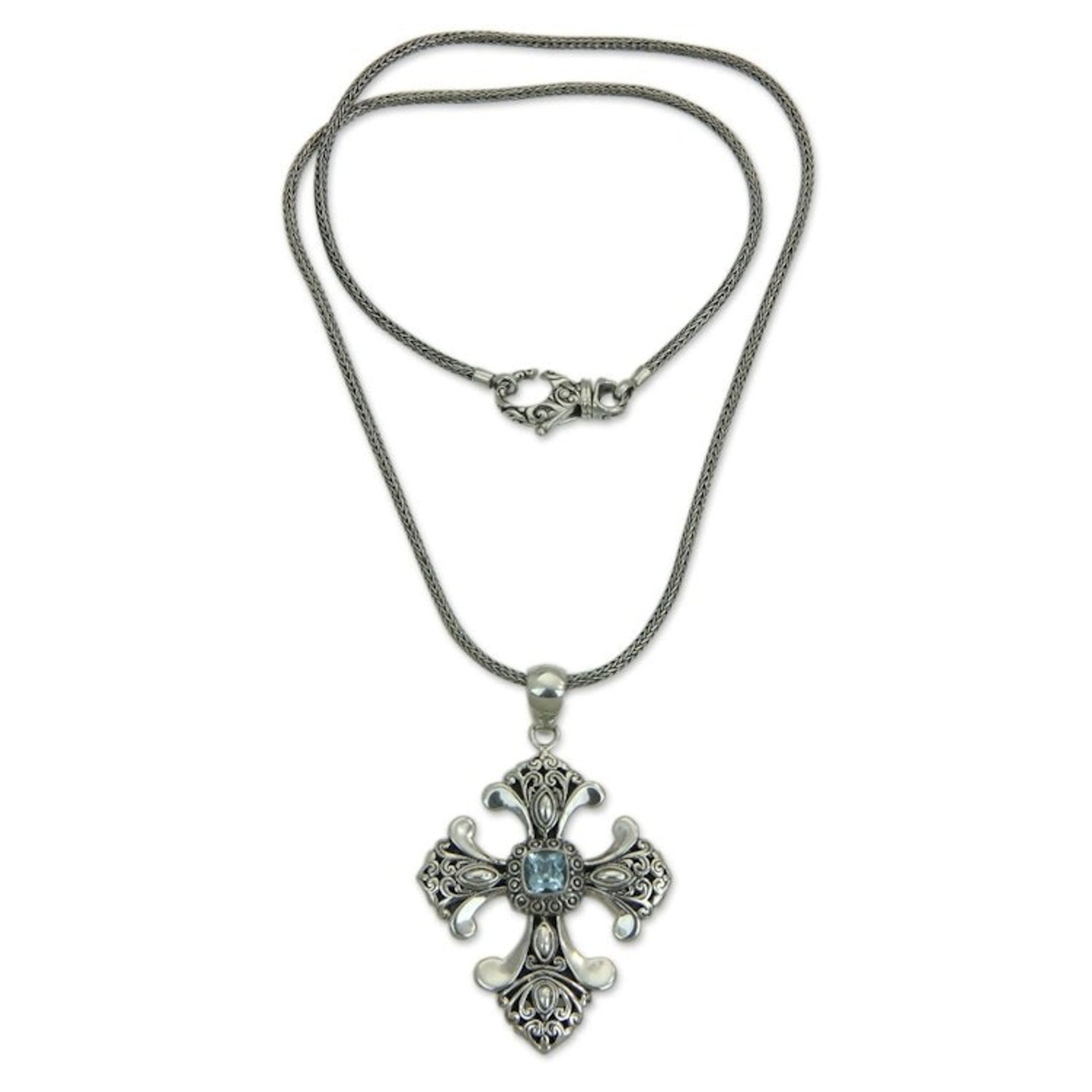 Handmade Balinese Blue Topaz Cross Necklace 'Beauty'