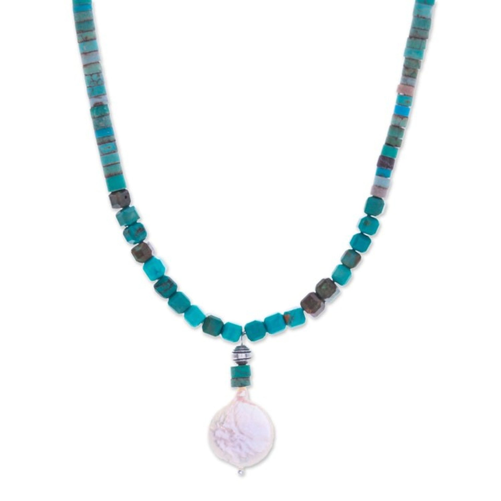 Reconstituted Turquoise Beaded Necklace with Pearl Pendant 'Aquatic Moon'
