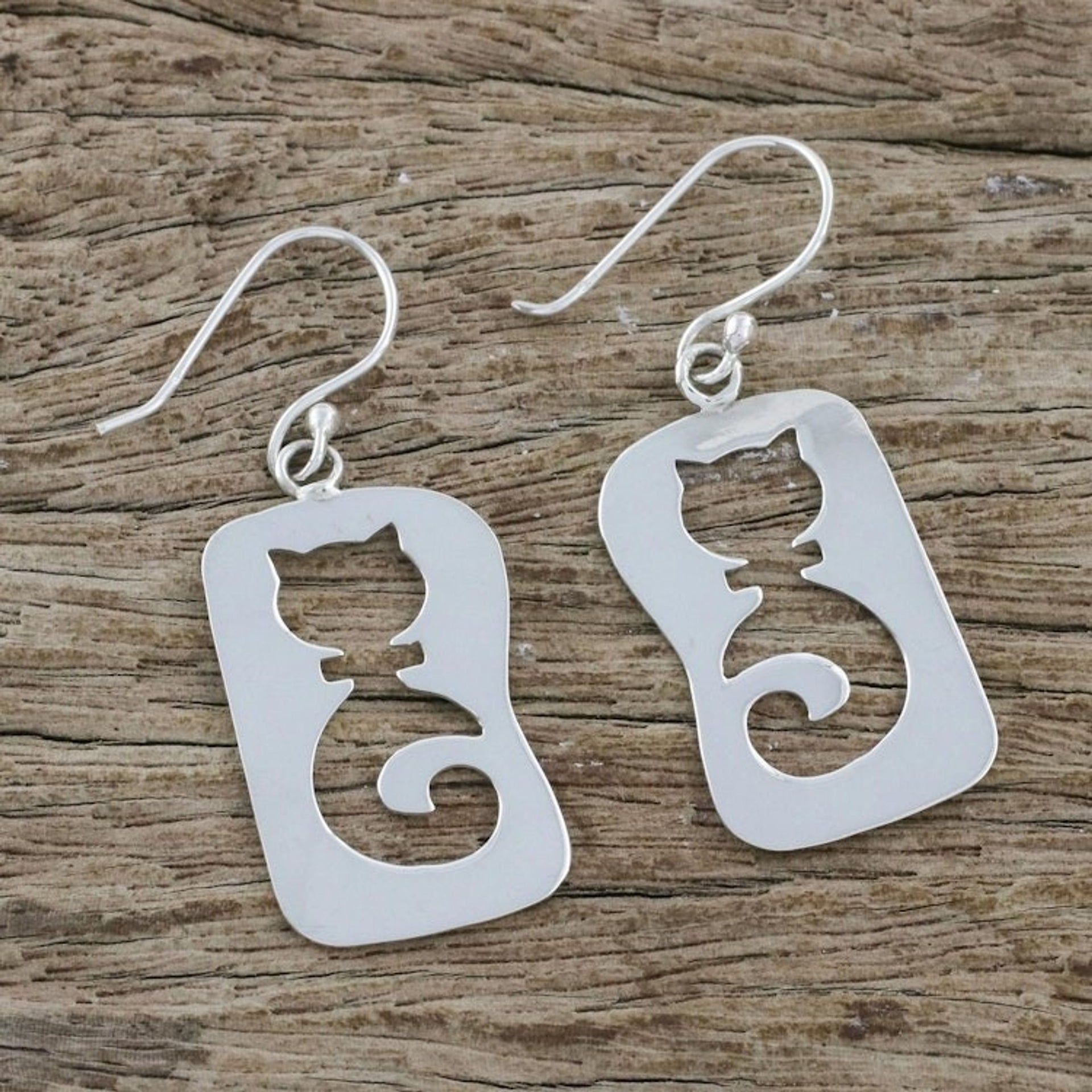 Cat-Themed Sterling Silver Dangle Earrings from Thailand 'Feline Silhouettes'