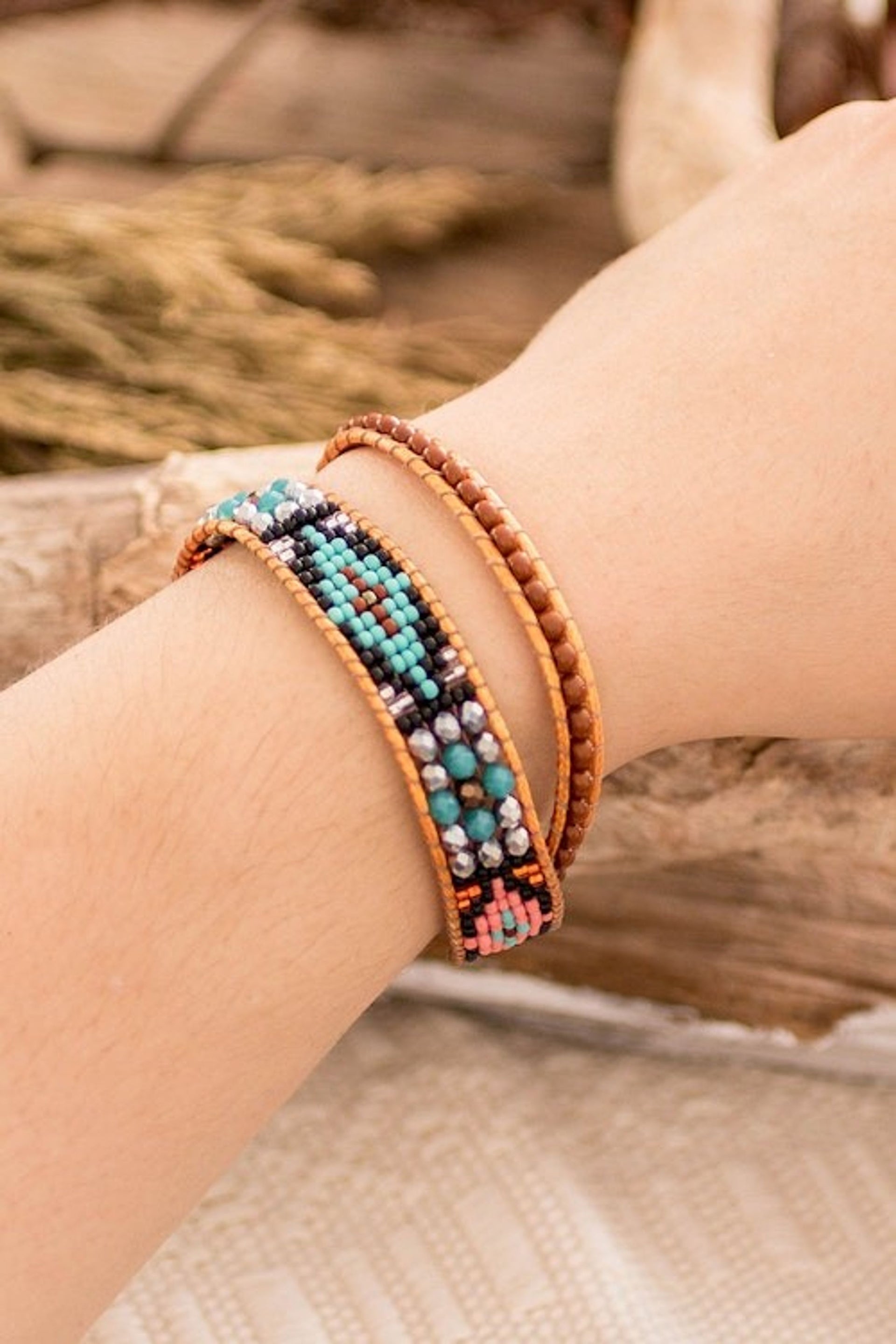 Handwoven Beaded Brown Wrap Bracelet with Geometric Motifs 'Geometric Spark'