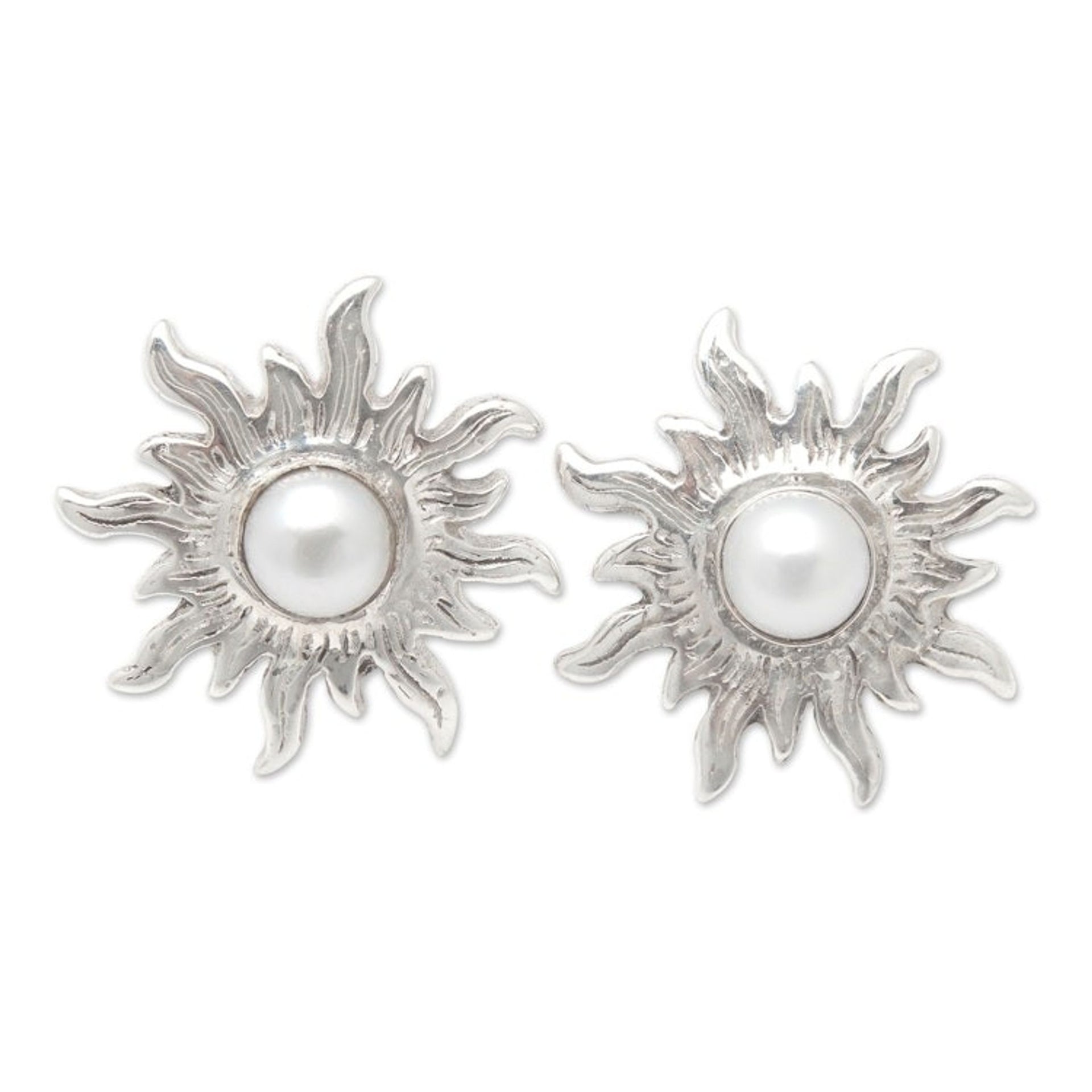 Polished Sterling Silver Sun Button Earrings with Pearls 'Pearly Sunlight'
