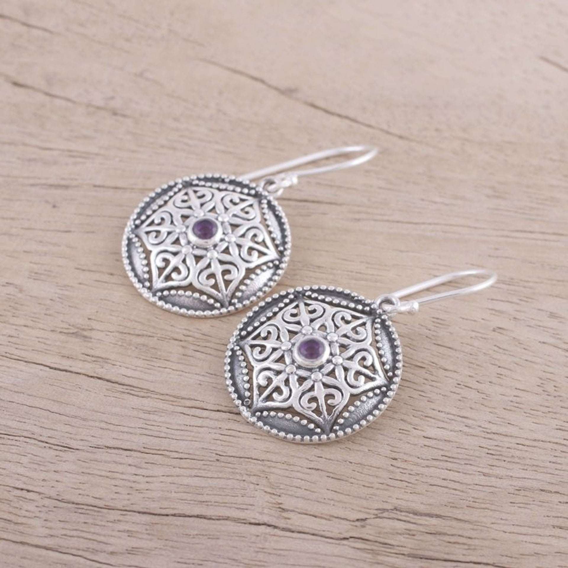 Amethyst and Silver Floral Dangle Earrings form India 'Untouched Beauty'