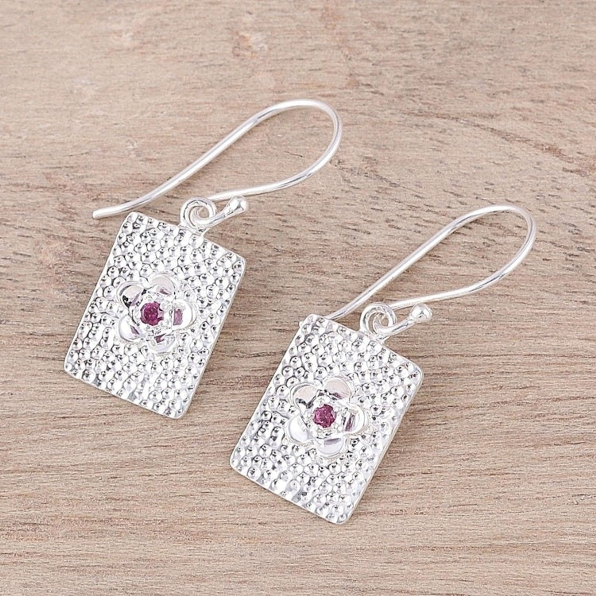 Rectangular Floral Garnet Dangle Earrings from India 'Floral Pictures'