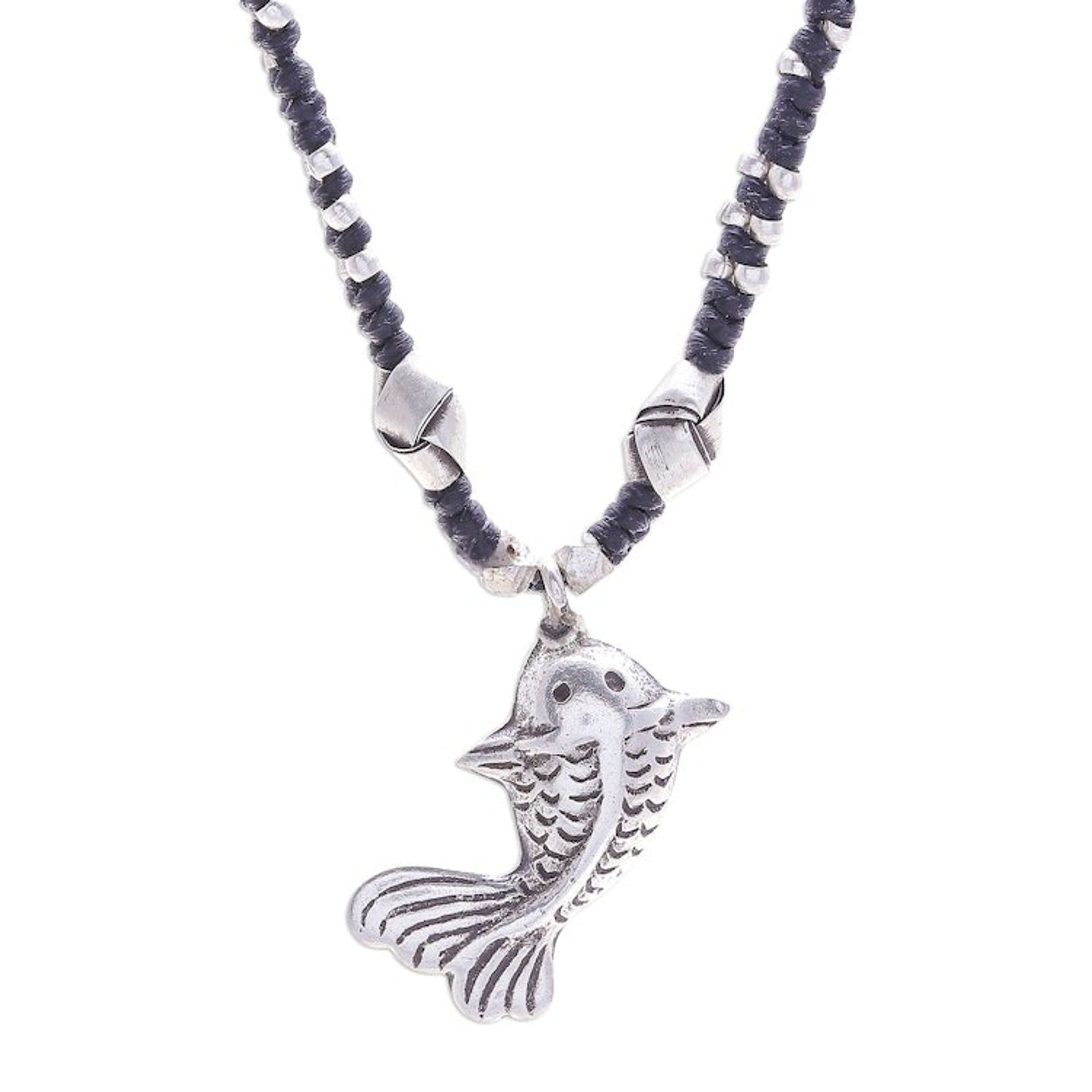 Good Fortune Fish-Themed Silver and Nylon Pendant Necklace 'Lucky Fin'