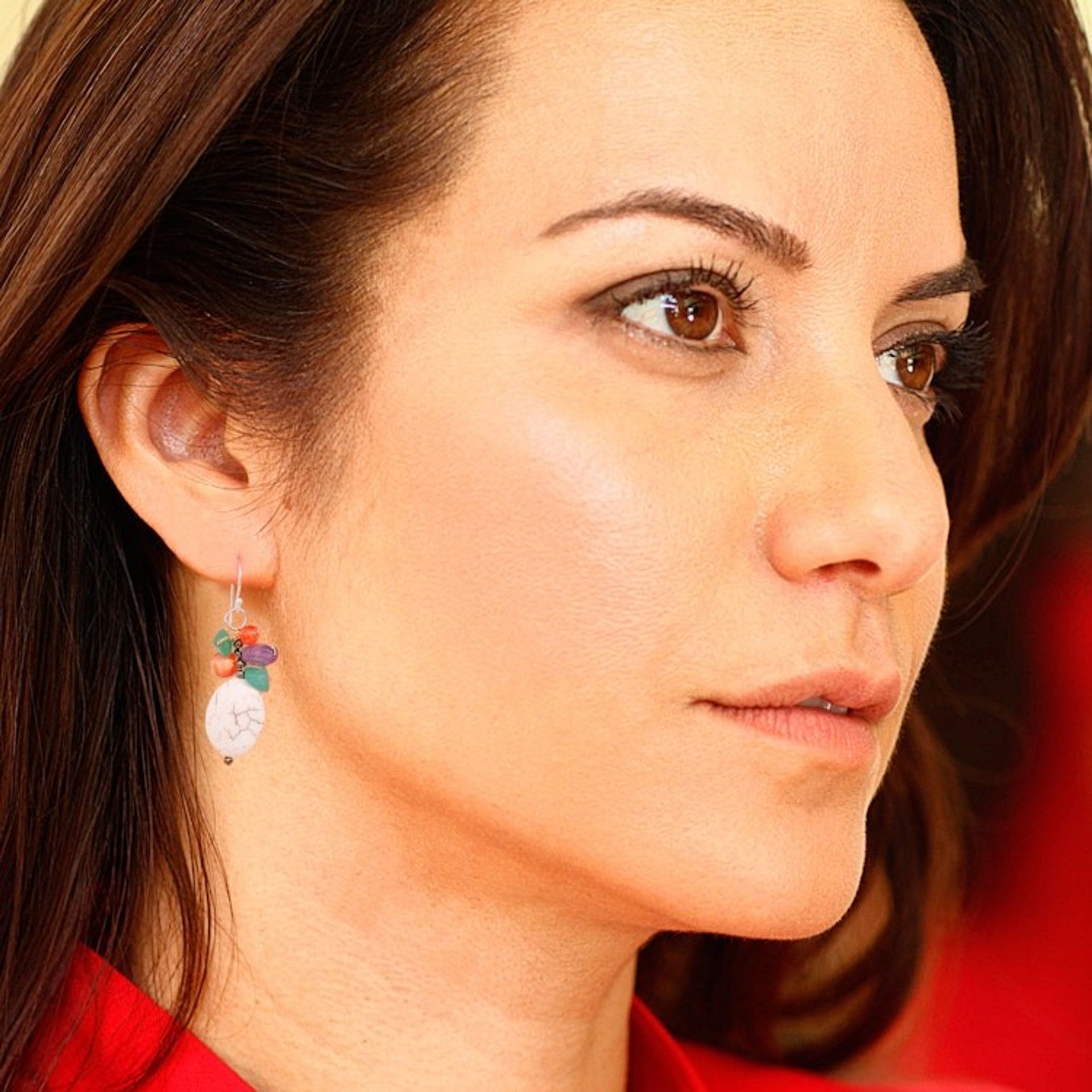 Cluster Dangle Earrings with Howlite and Gemstone Beads 'Crackled Spring'