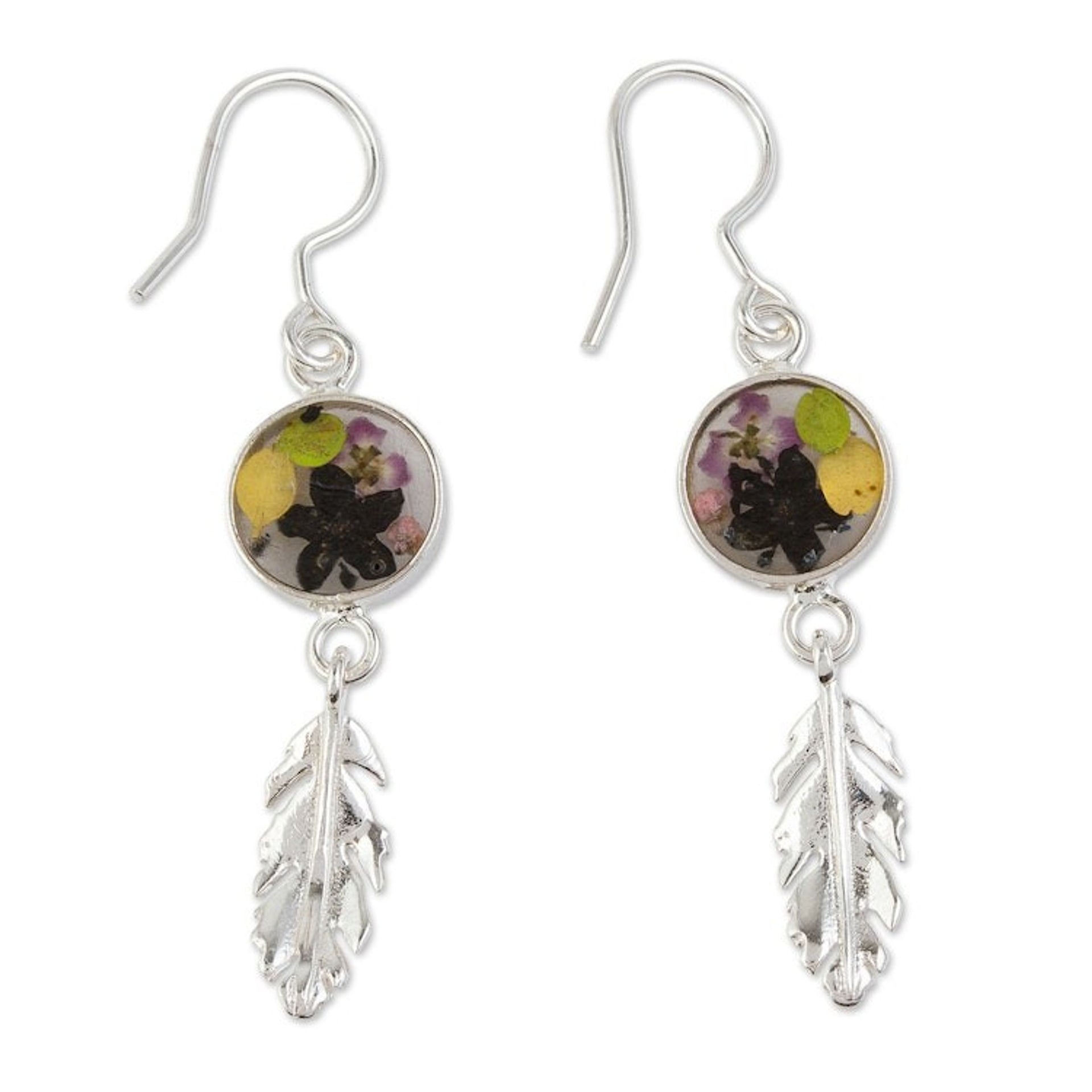 Sterling Silver and Dried Flower Dangle Earrings from Mexico 'Anahuac Black'