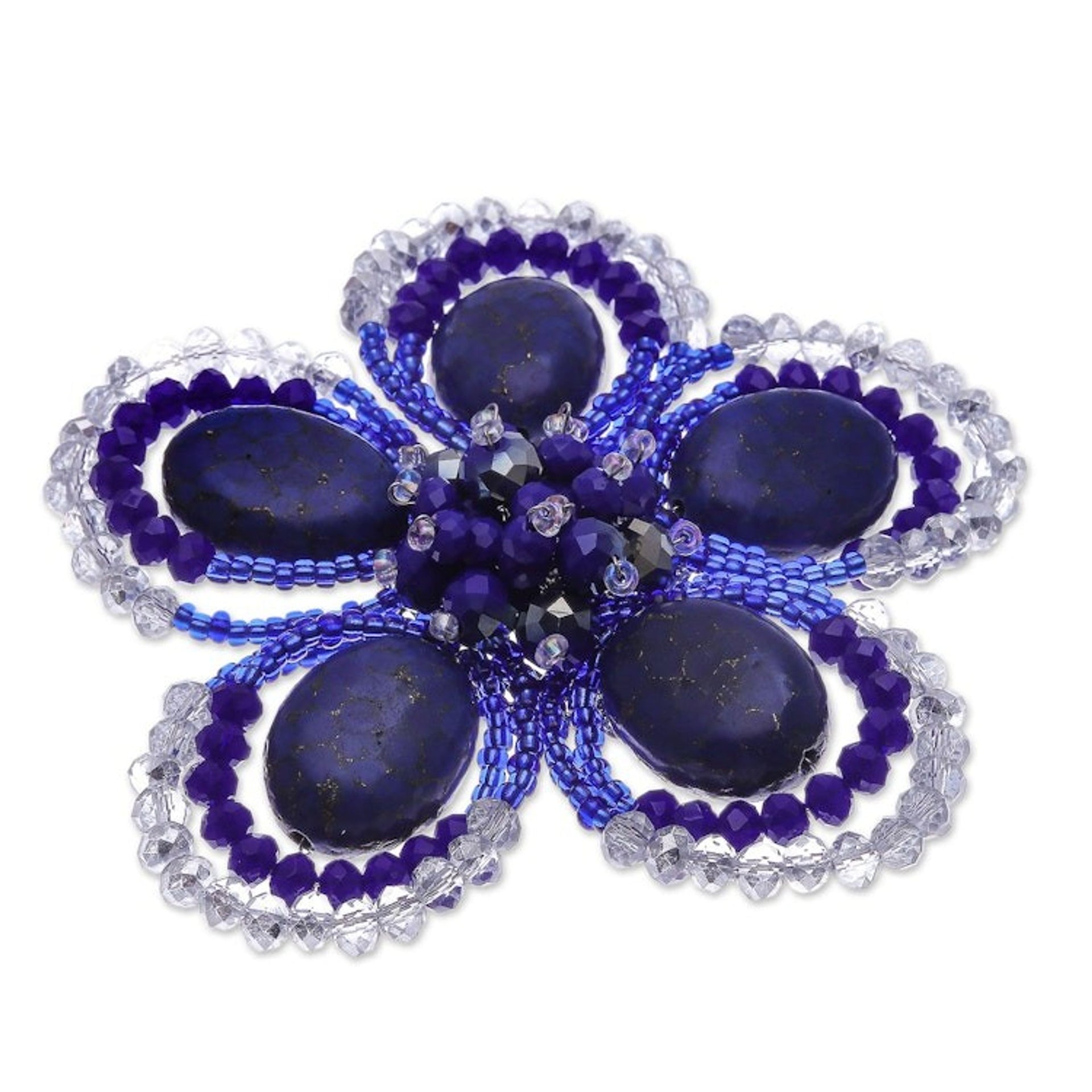 Handmade Floral Dark Blue Howlite and Glass Bead Brooch Pin 'Spring in Dreams'
