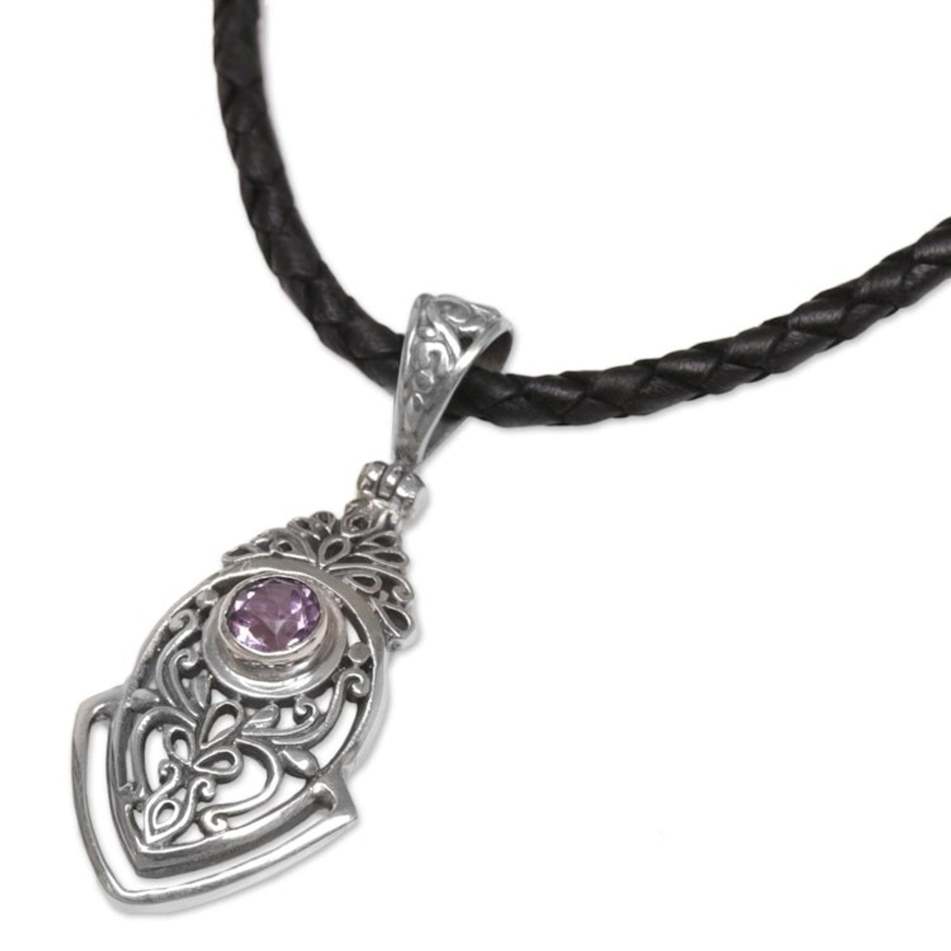 Sterling Silver and Amethyst Pendant Necklace from Indonesia 'Bali Amulet in Purple'