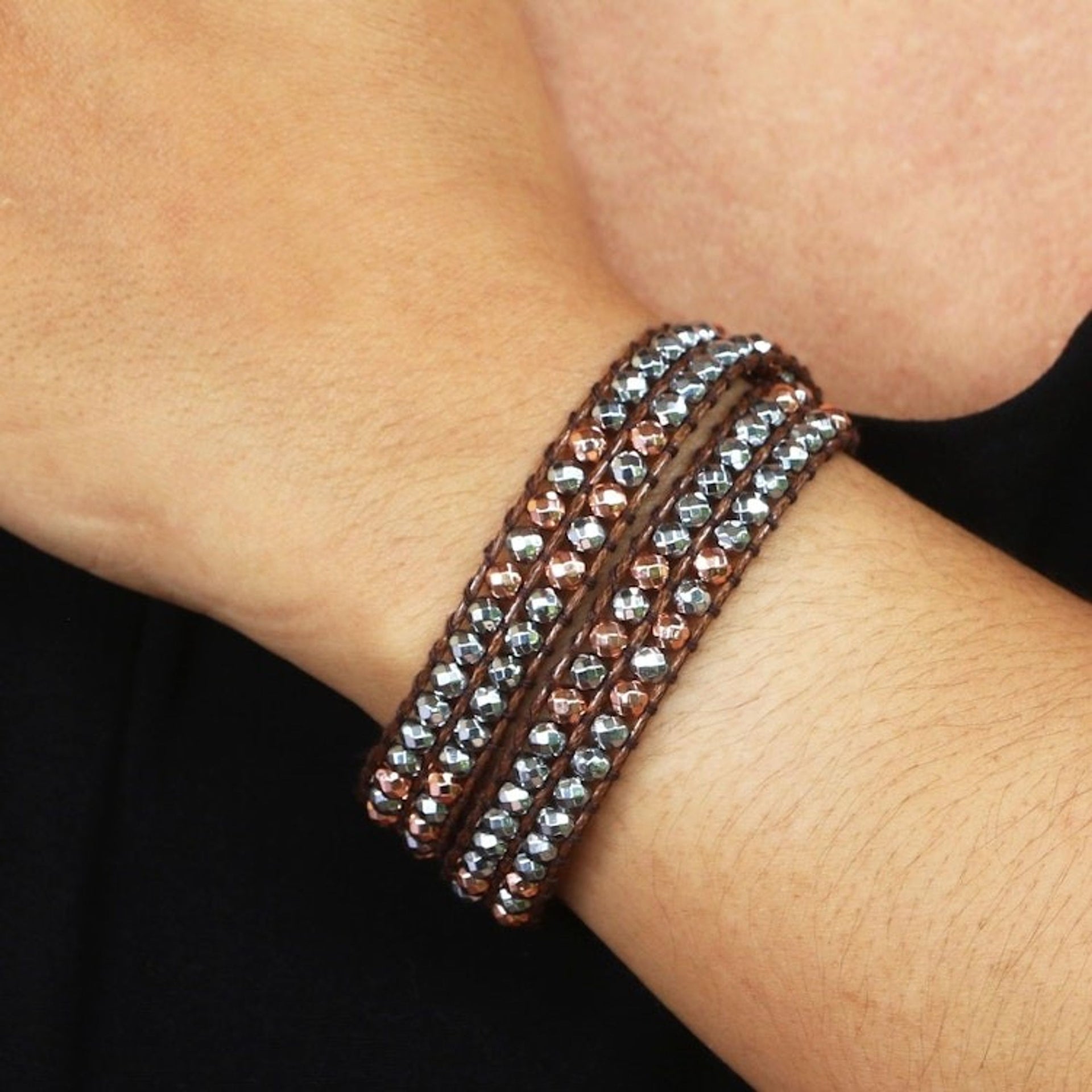 Artisan Crafted Hematite Beaded Wrap Bracelet 'Under the Earth'