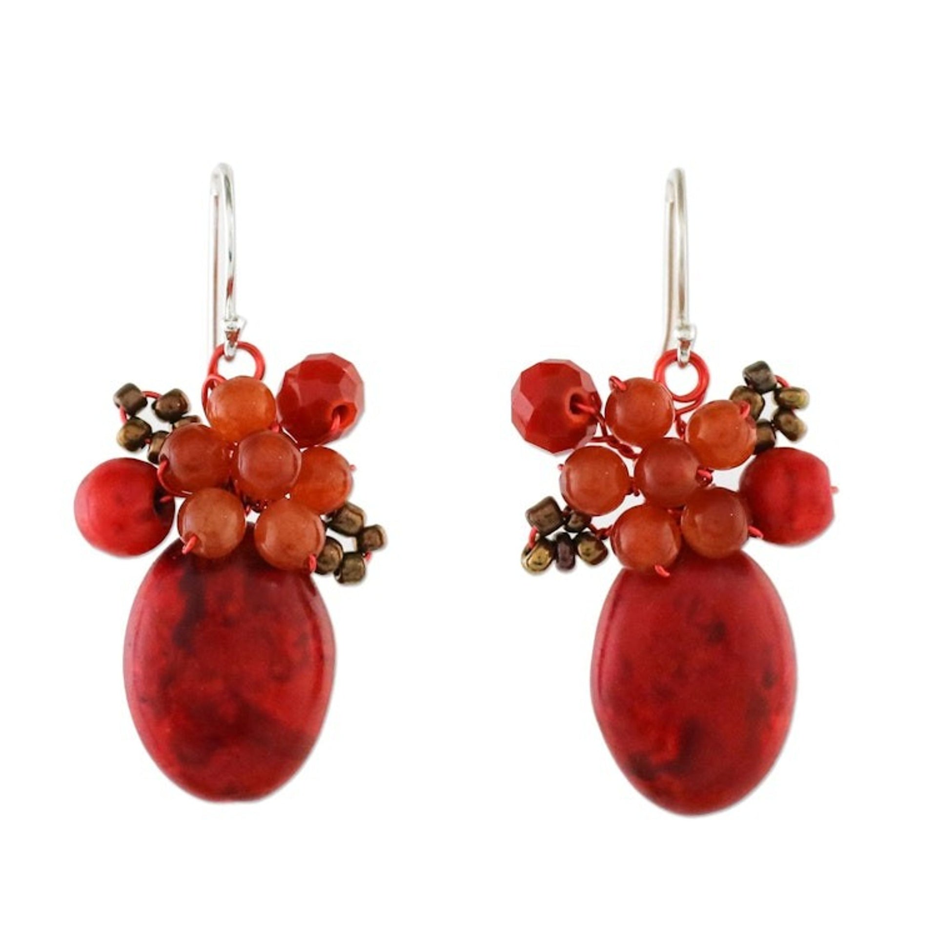 Modern Thai Cluster Earrings with Red Quartz and Calcite 'Bright Holiday Dreams'