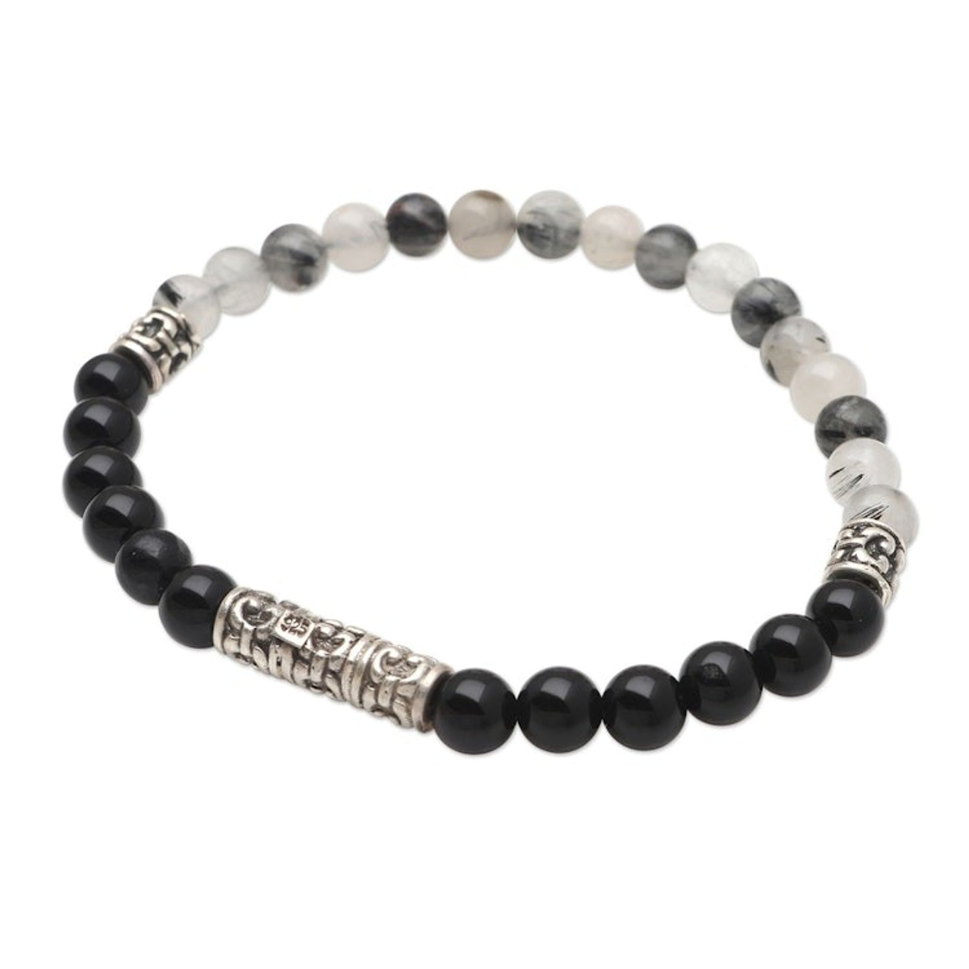 Artisan Crafted Onyx and Quartz Beaded Bracelet 'Smoky Skies'