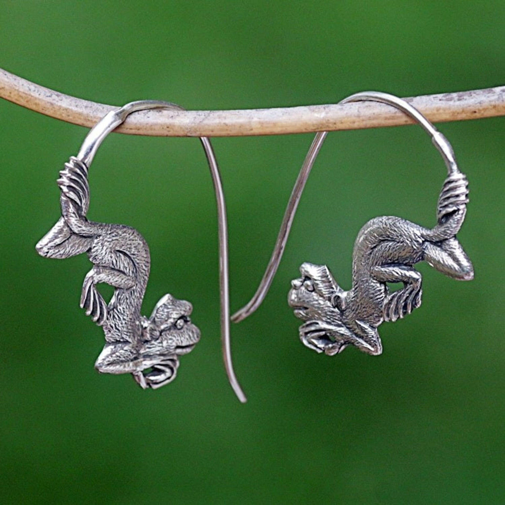 Sterling Silver Monkey Drop Earrings from Indonesia 'Reposing Monkey'