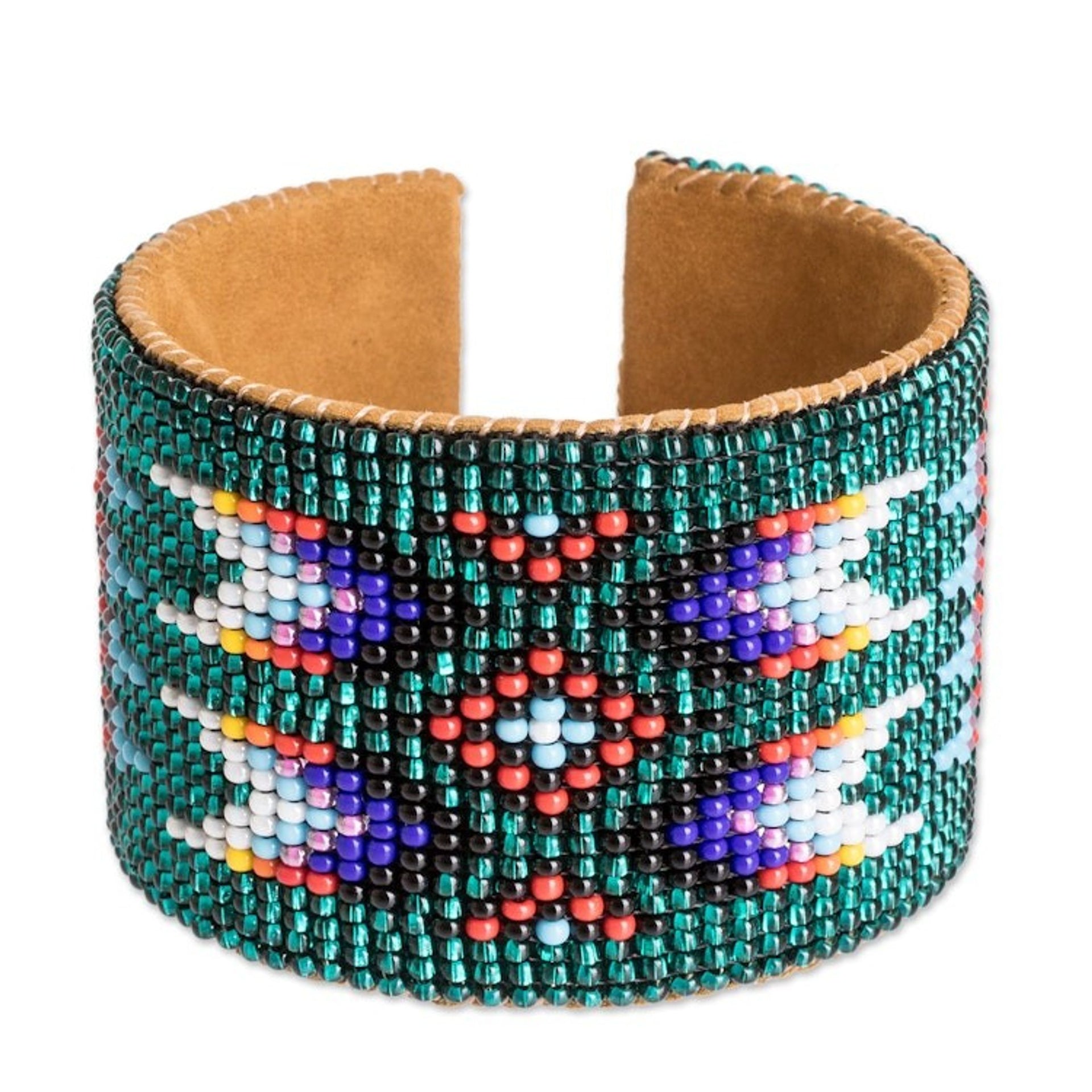 Beaded Leather and Suede Cuff Bracelet Handmade in Guatemala 'Native Designs'