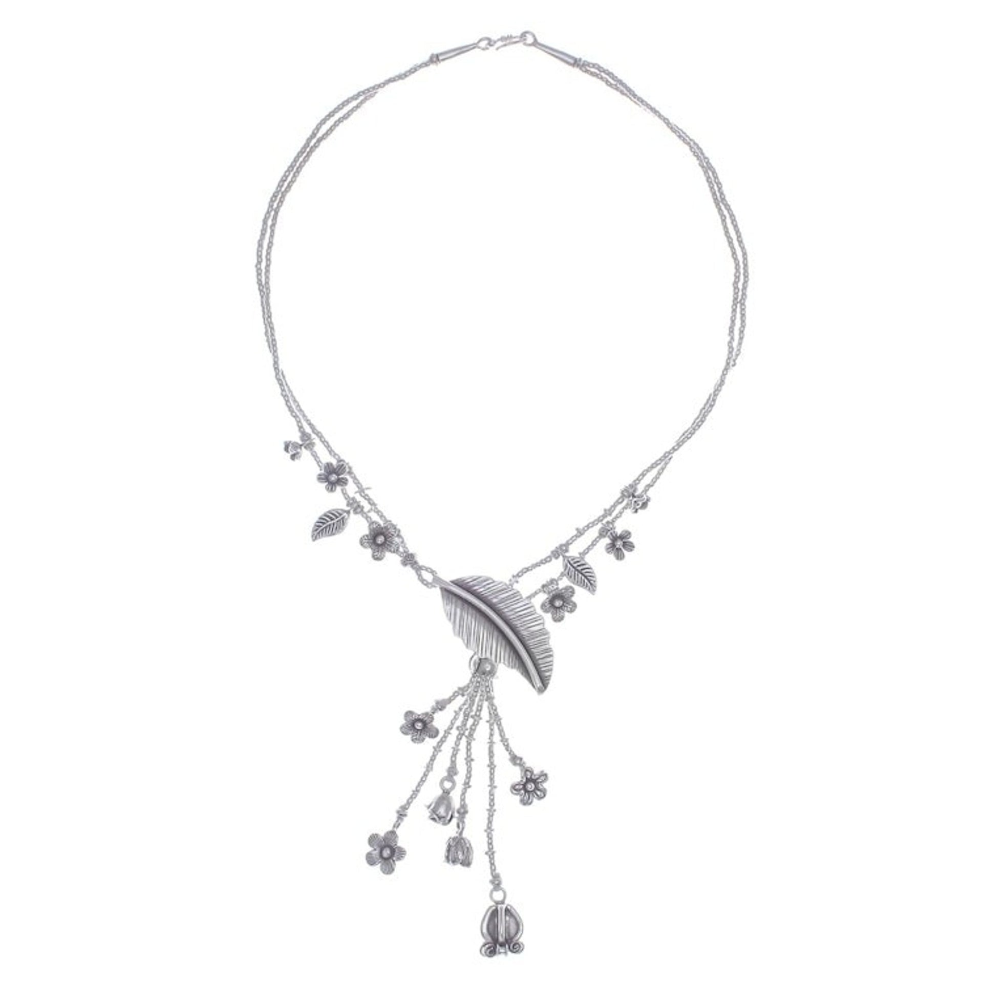 Flower and Leaf Themed 950 Silver Y-Necklace 'Like Paradise'