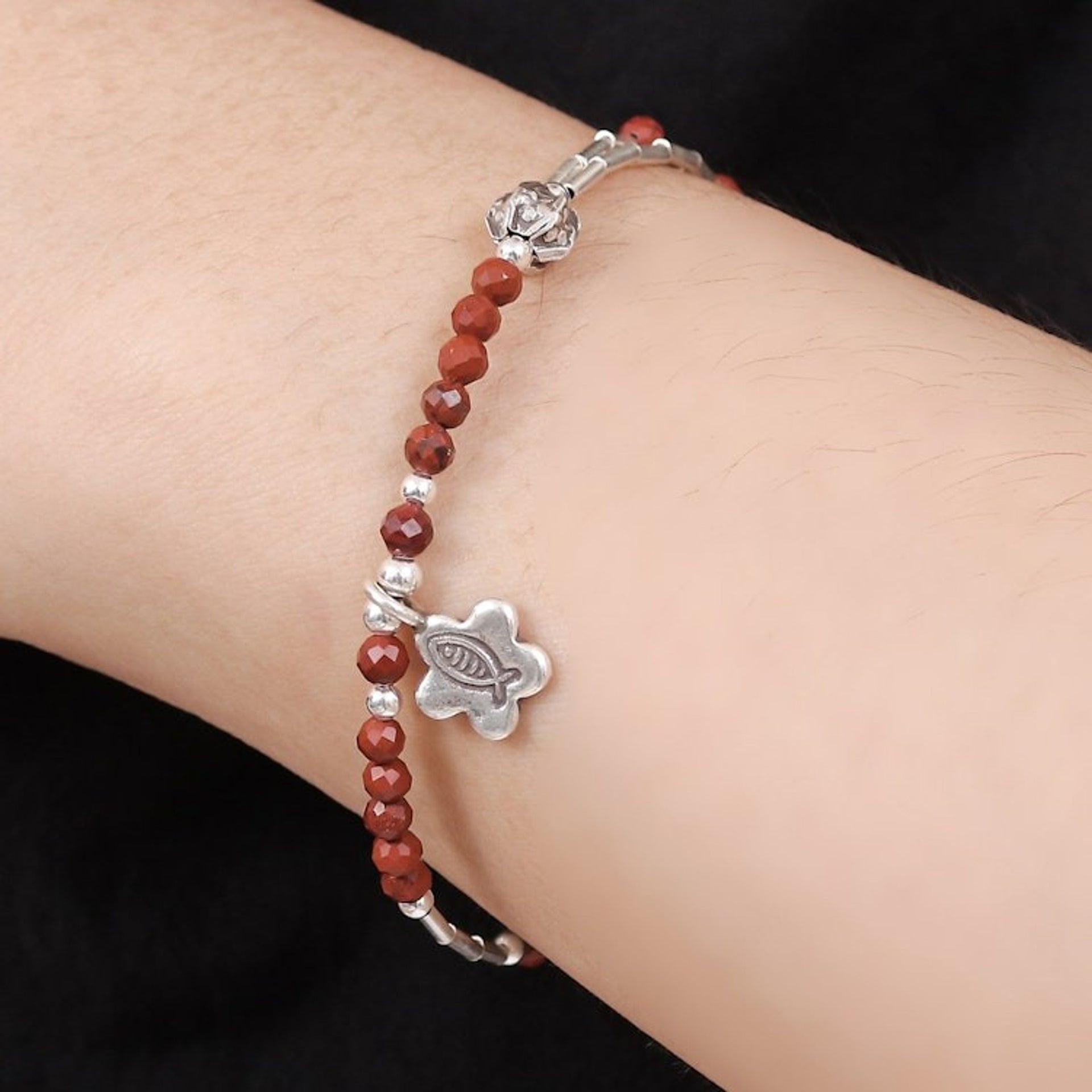 Two-Carat Jasper and Silver Beaded Fish Charm Bracelet 'Prosperous Strength'