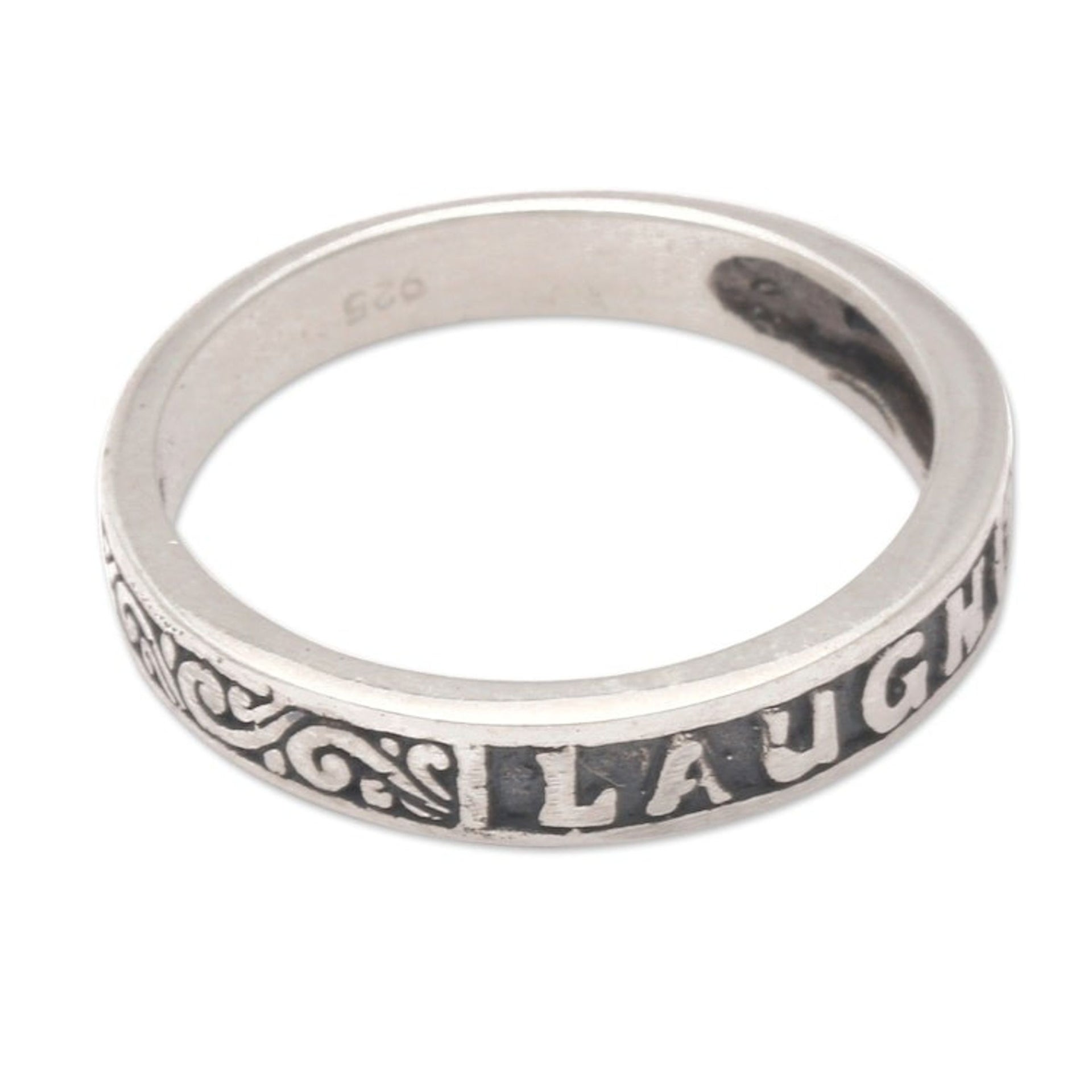 Inspirational Sterling Silver Band Ring with Darkened Accent 'Laugh'