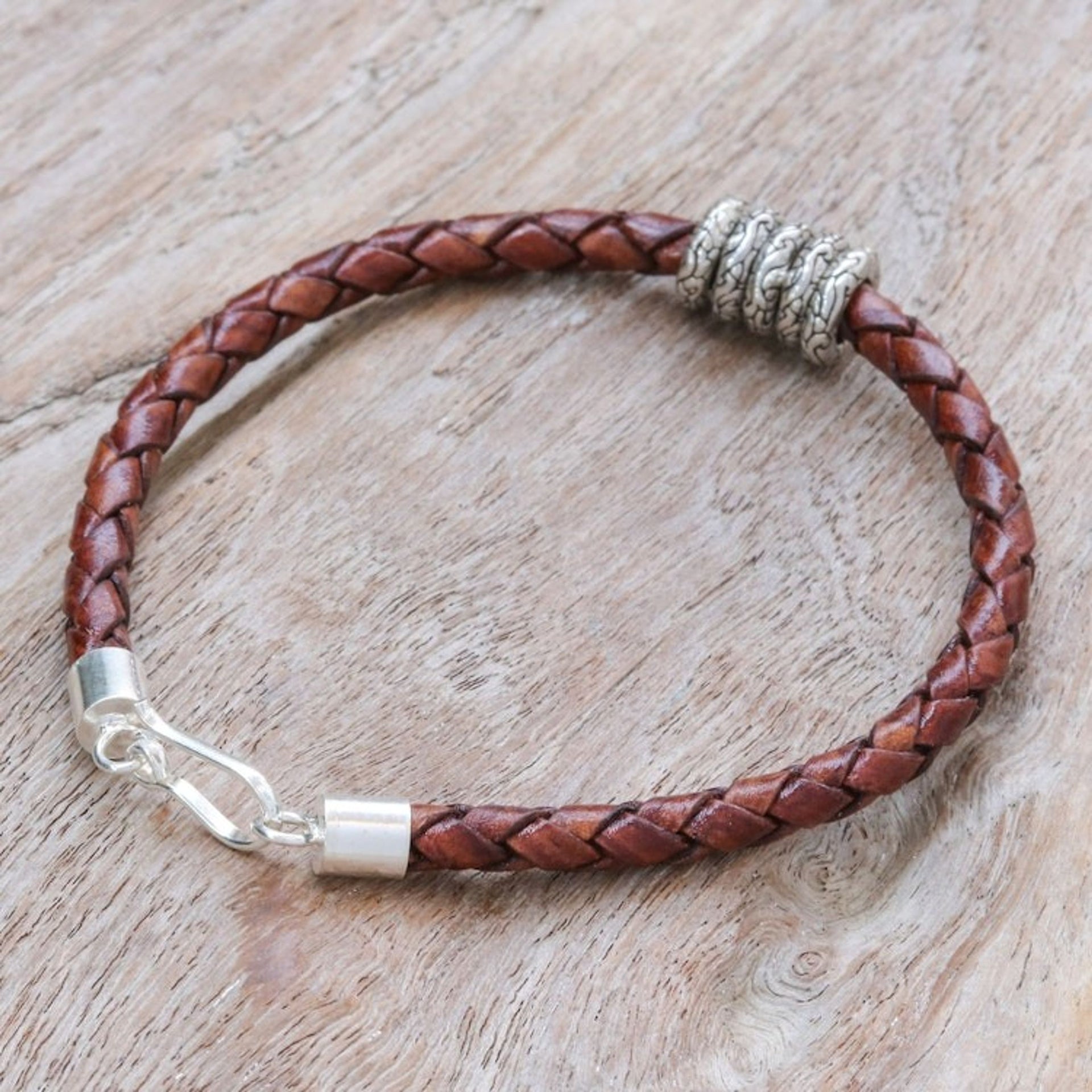 Brown Leather Braided Bracelet with Sterling Silver Pendants 'Ties of the Earth'