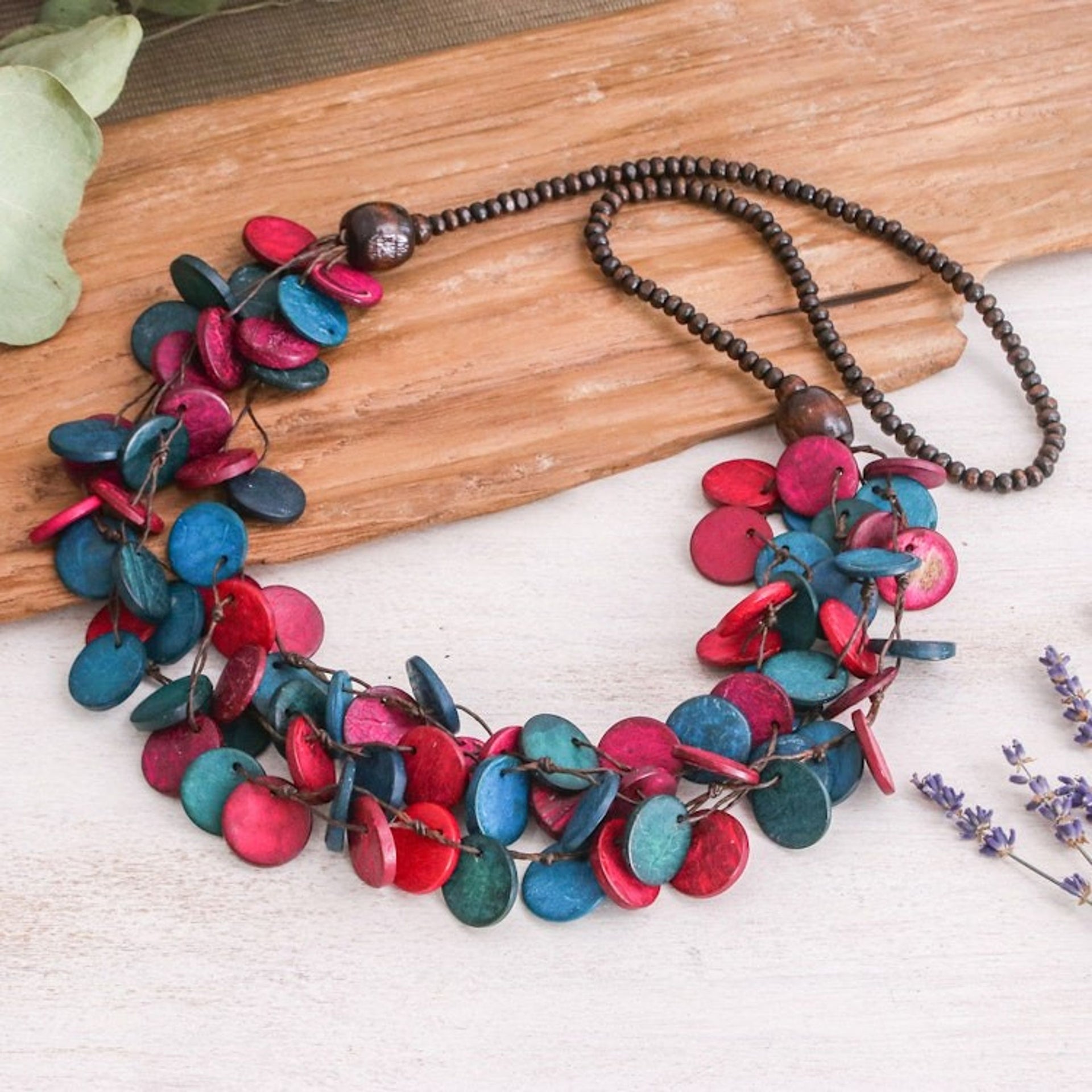 Fuchsia and Turquoise Round Wood Beaded Strand Necklace 'Cycles of Fantasy'