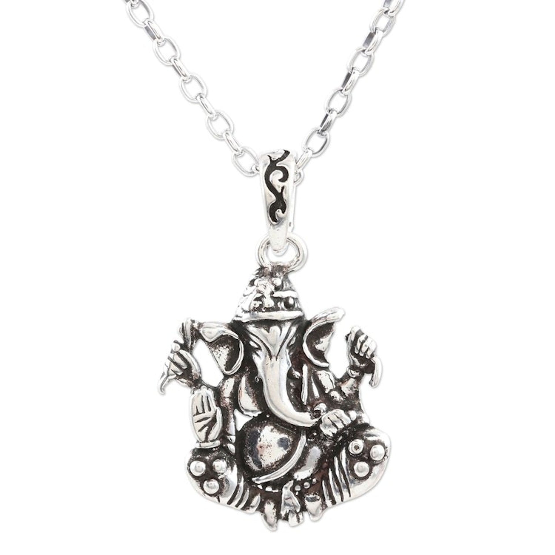 Sterling Silver Ganesha Pendant Necklace 'Sitting Ganesha'