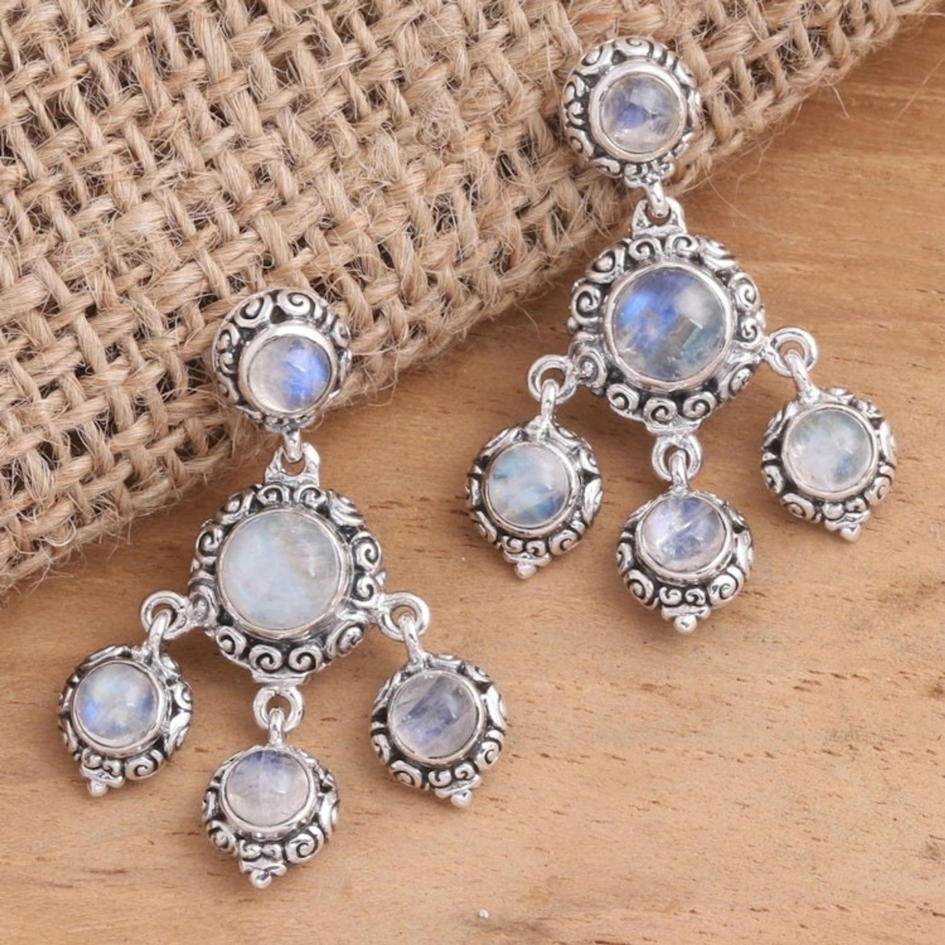 Rainbow Moonstone Cabochon Chandelier Earrings 'Raindrop Chandelier'