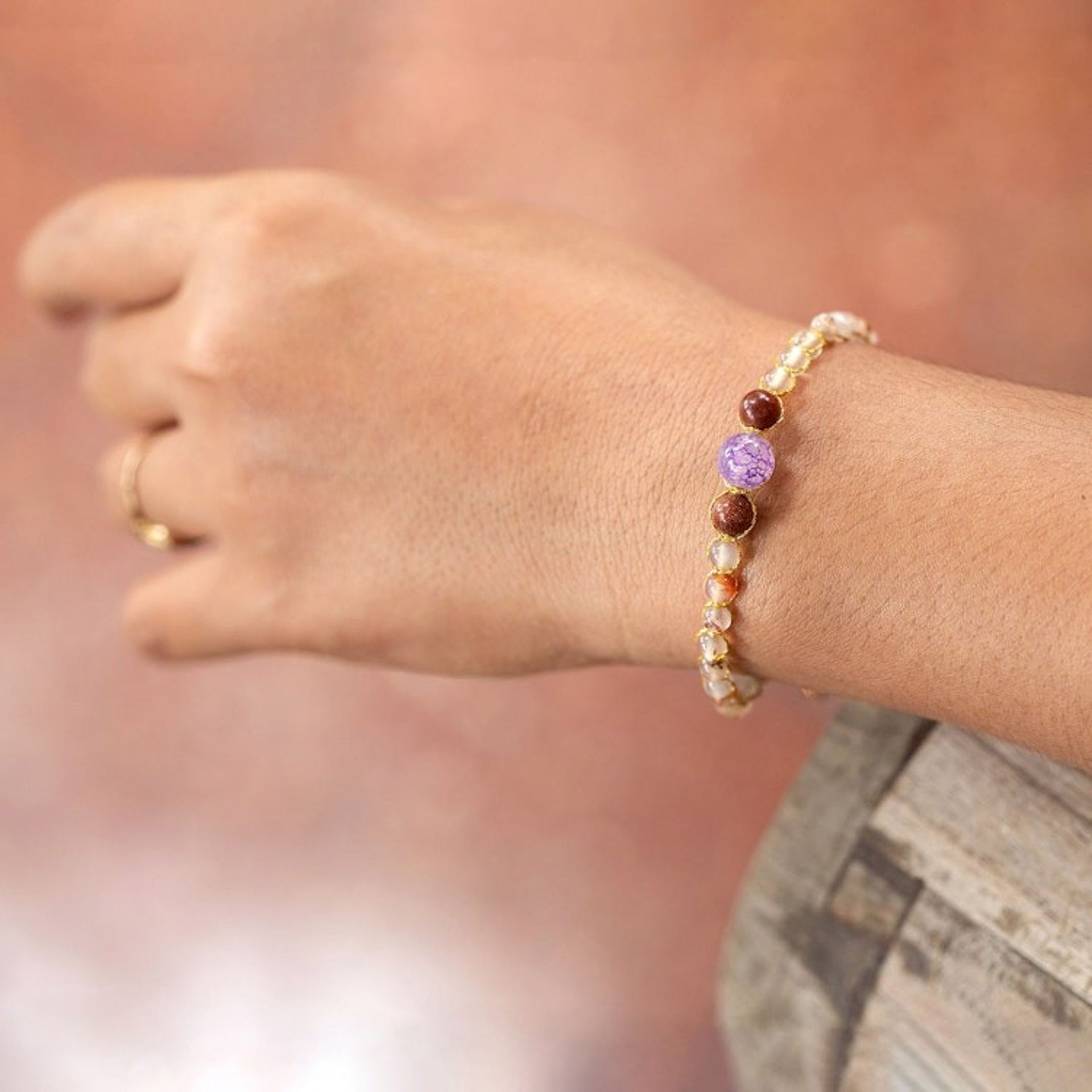 Balinese-Made Golden Chalcedony and Amethyst Beaded Bracelet 'Wise Healing'