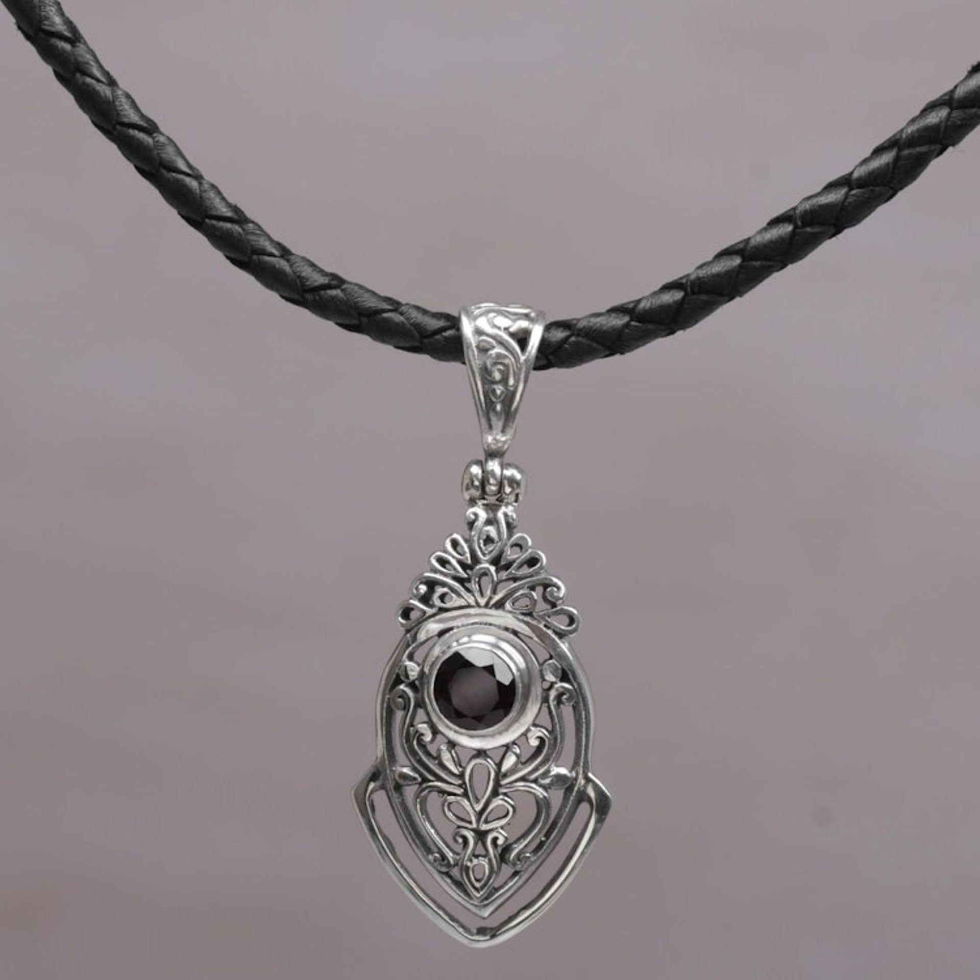 Sterling Silver and Garnet Pendant Necklace from Indonesia 'Bali Amulet in Red'