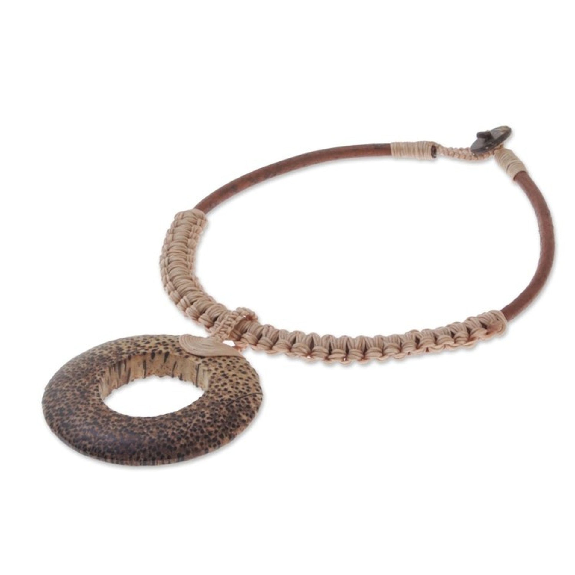 Handcrafted Coconut Wood and Leather Cord Pendant Necklace 'Earth Ring in Ecru'