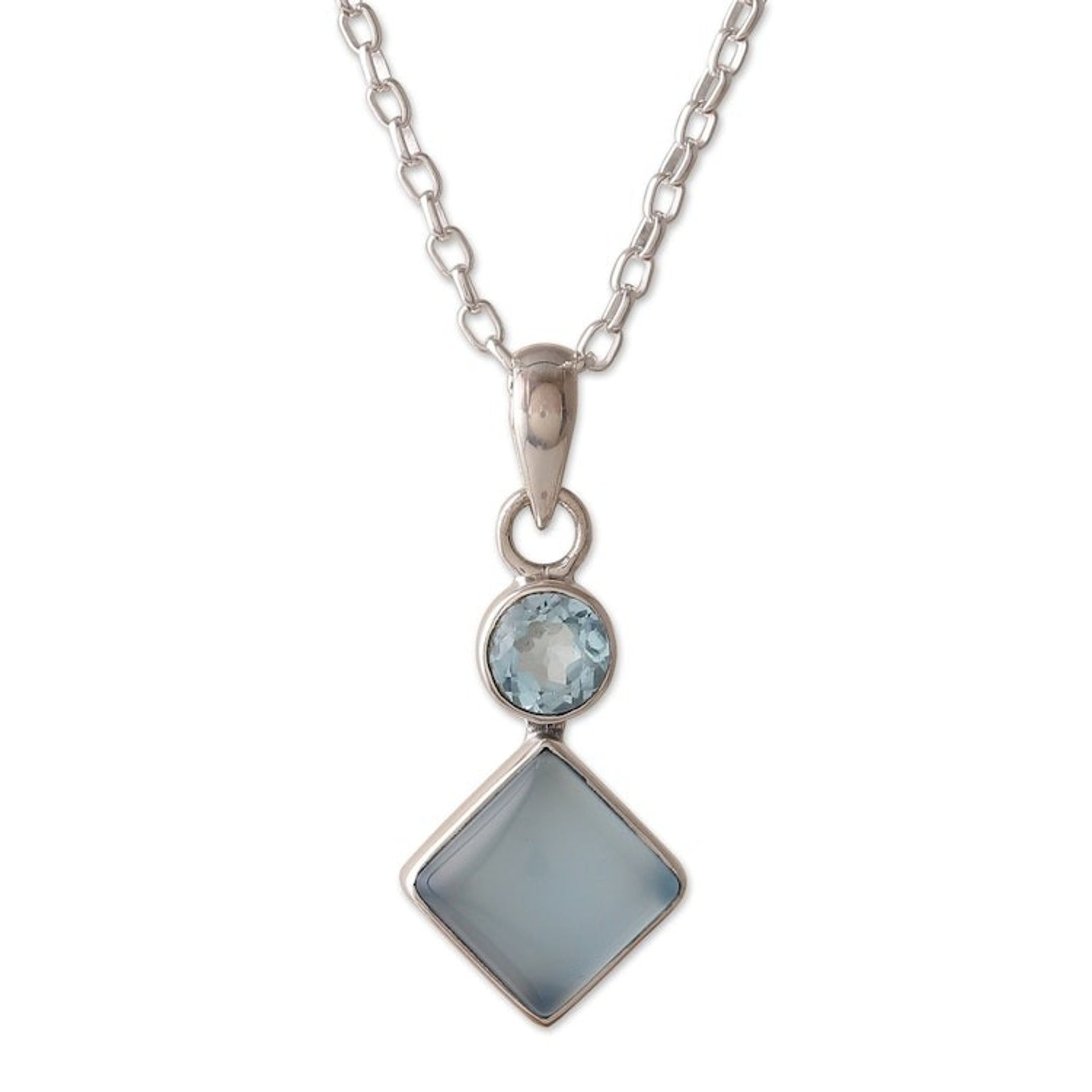Blue-Toned Chalcedony and Blue Topaz Pendant Necklace 'Diamond Portal'