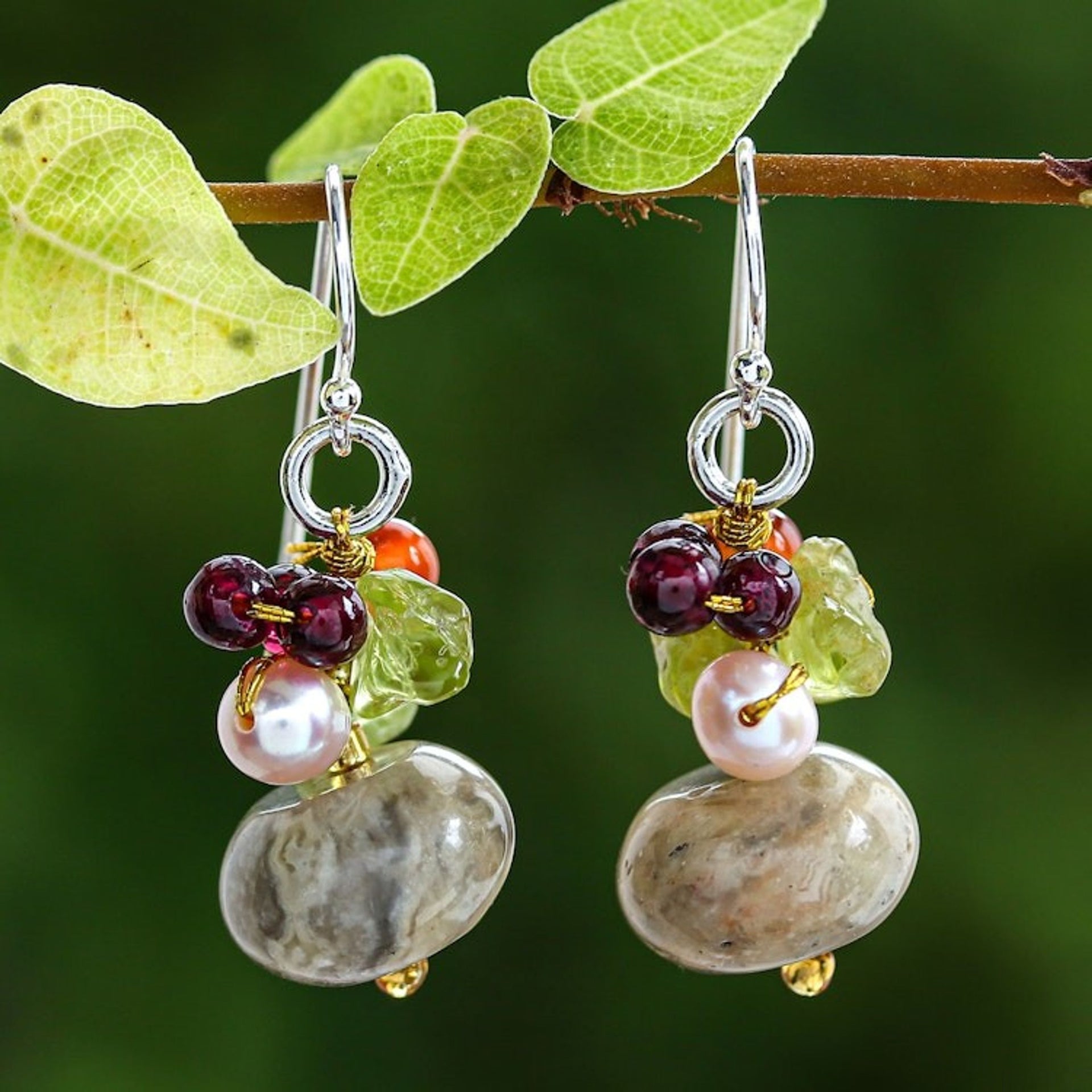 Thai Jasper and Cultured Pearl Dangle Earrings 'Exotic Cluster'