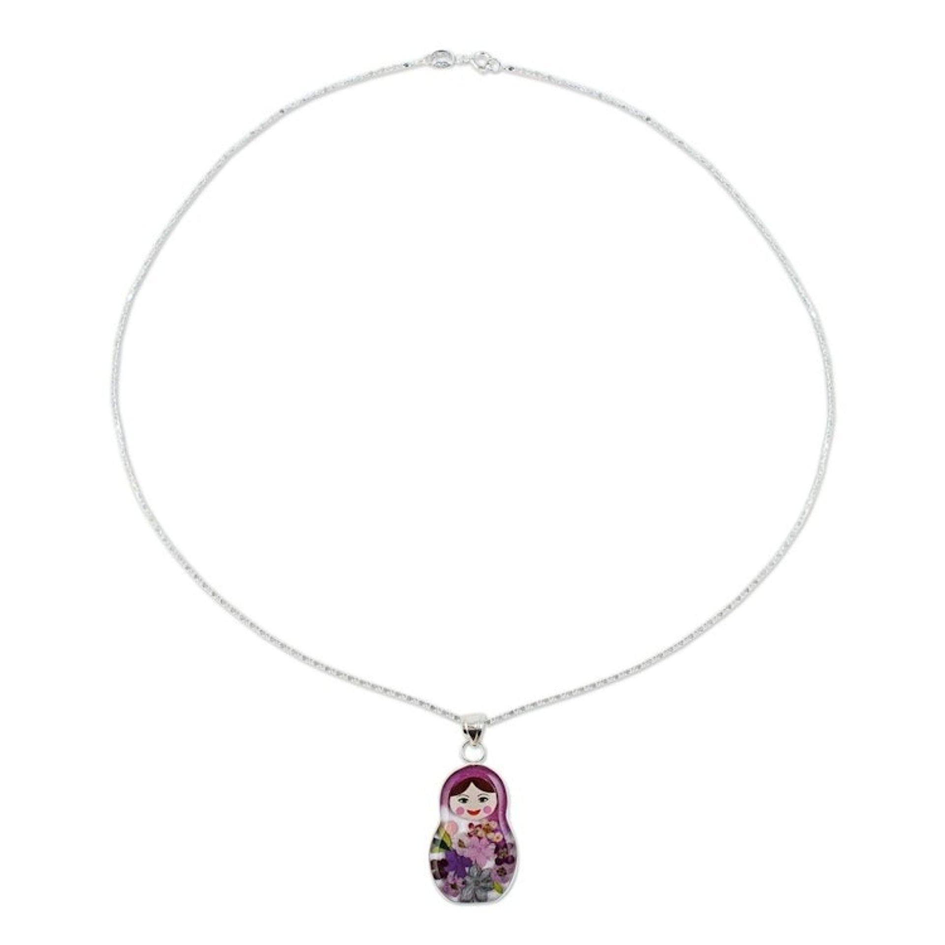 Purple Matryoshka Pendant Necklace with Natural Flowers 'Violet Mexican Matryoshka'