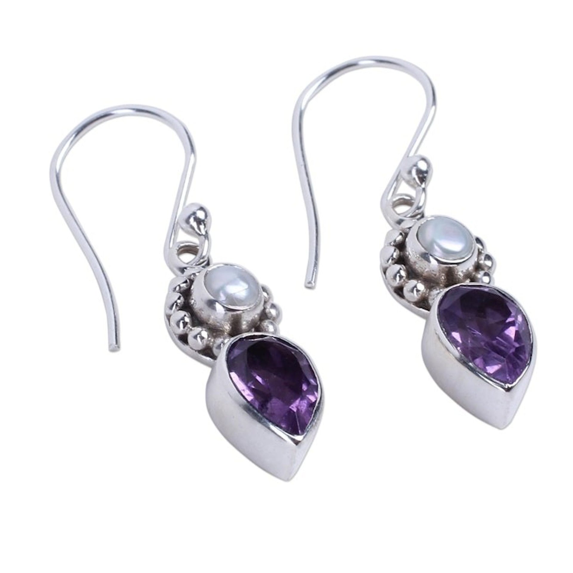 Amethyst and Cultured Pearl Earrings in Sterling Silver 'Amethyst Tear'