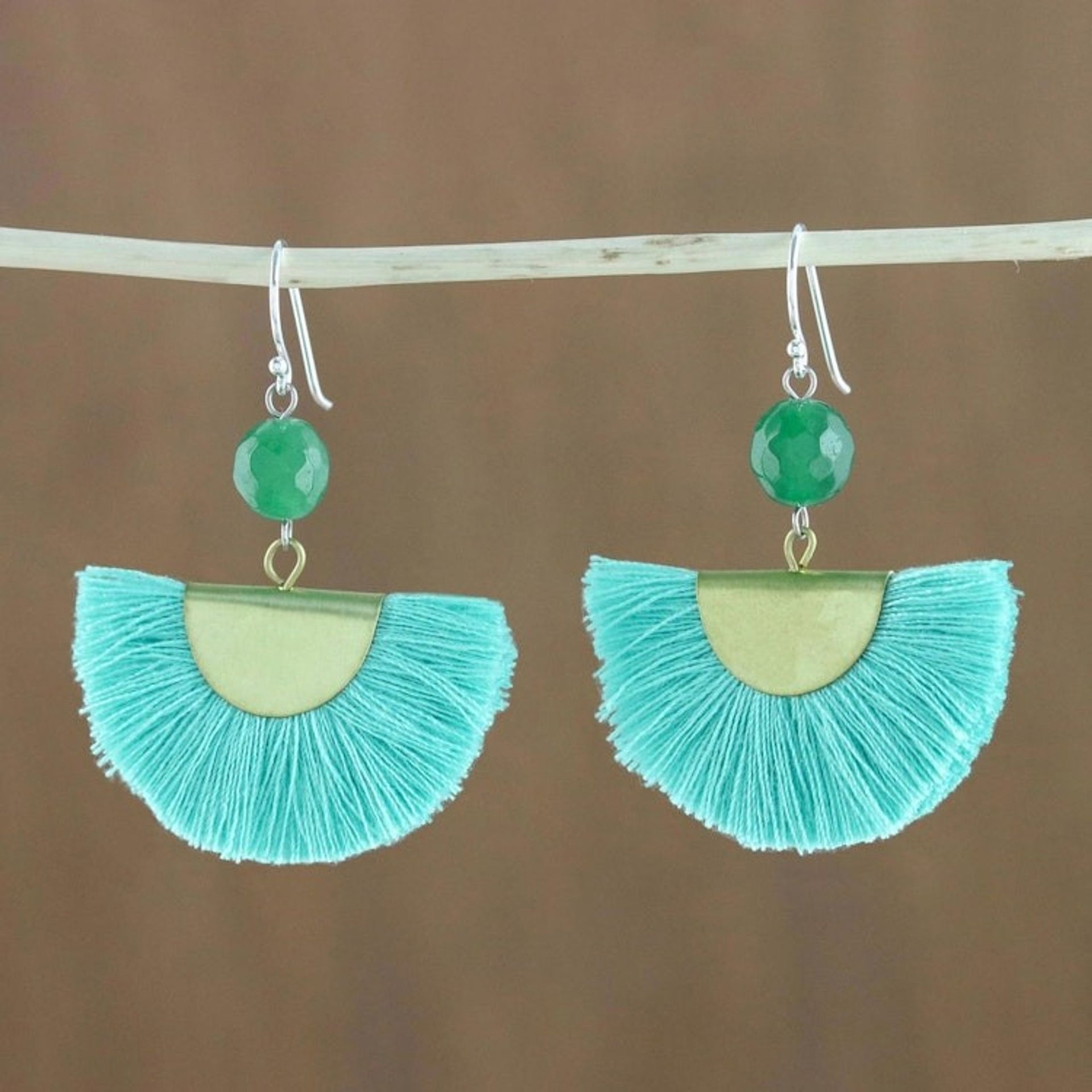 Quartz and Brass Bead Dangle Earrings with Cotton Fringe 'Festival in Light Blue'