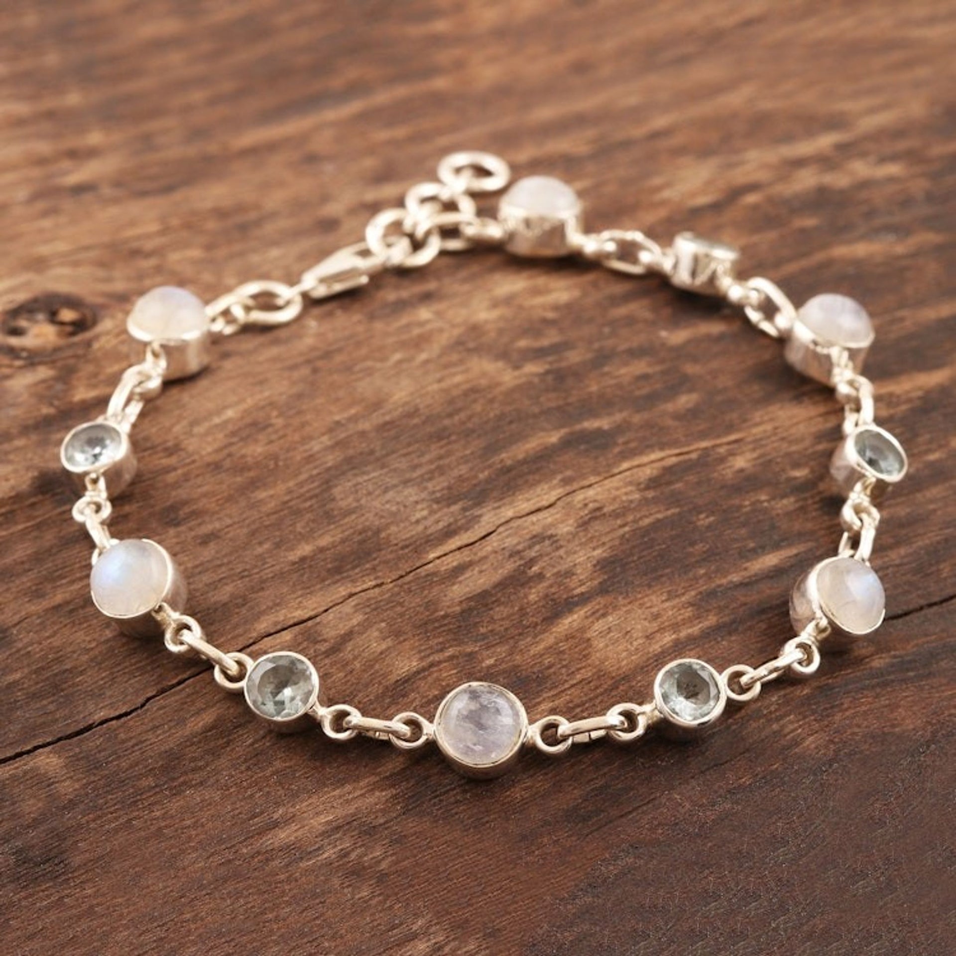 Hand Made Rainbow Moonstone and Blue Topaz Link Bracelet 'Ravishing Beauty in Blue'