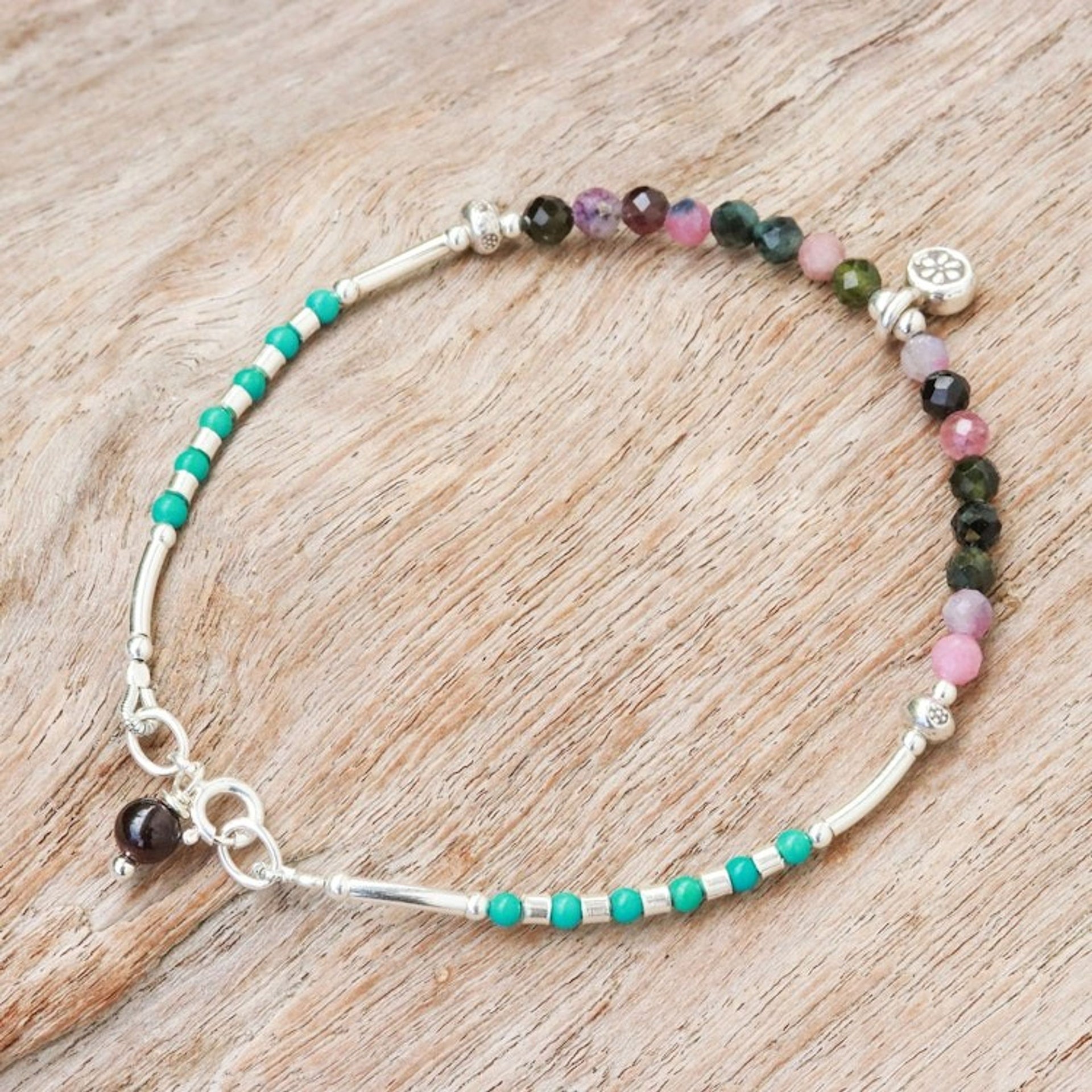 Tourmaline and Garnet Beaded Charm Bracelet 'Daisy Petals'