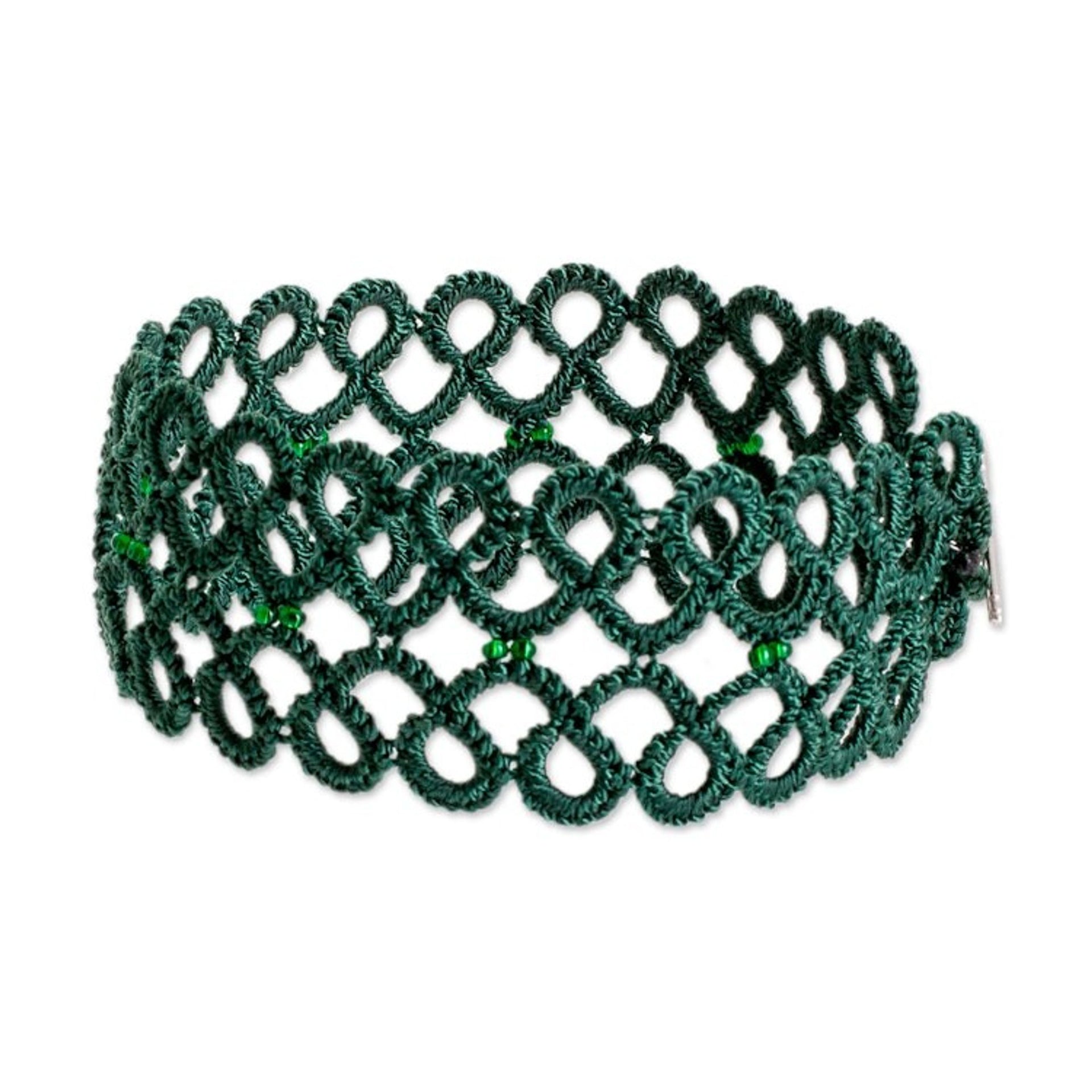 Handwoven Green Wristband Bracelet with Glass Beads 'Gleams of Harmony'