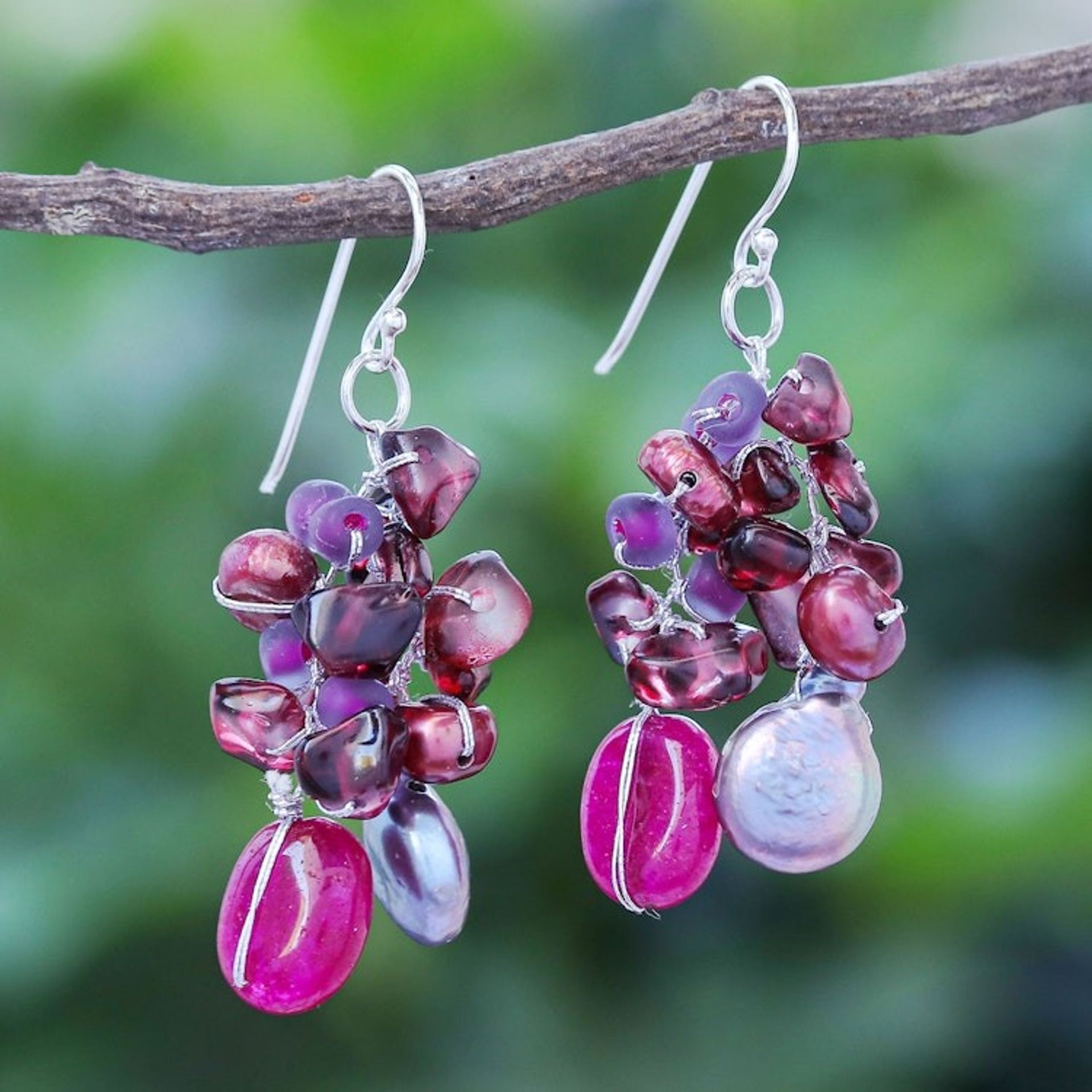 Hand Crafted Cultured Pearl and Garnet Dangle Earrings 'Sugar Berry'