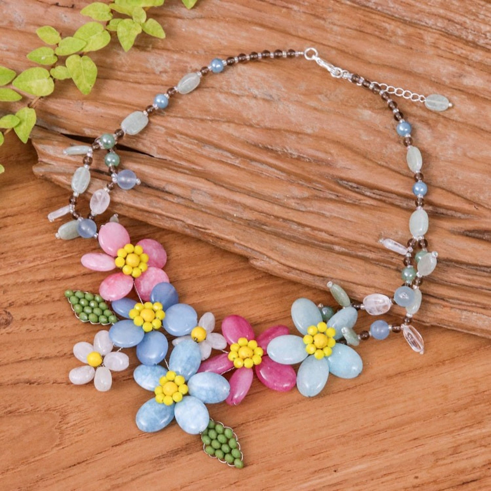 Blue and Pink Spring-Themed Quartz and Glass Beaded Necklace 'Paradisial Petals'