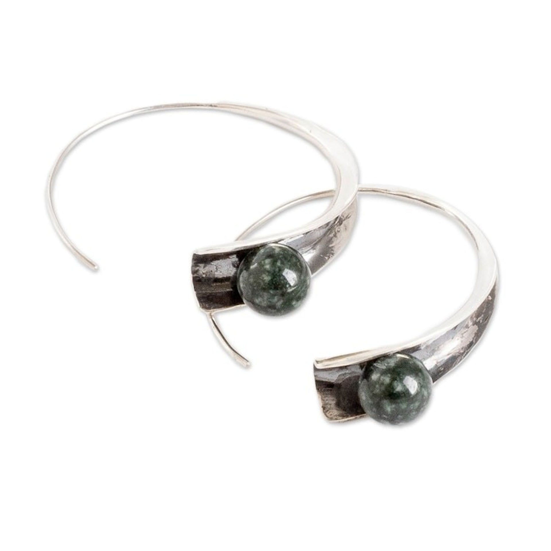 Modern Silver Drop Earrings with Dark Green Jade Stones 'Green Shadow Vitality'