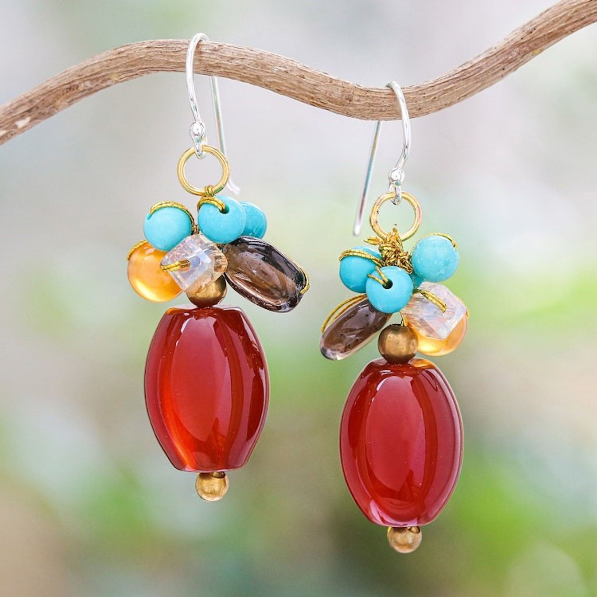 Multi-Gemstone Beaded Dangle Earrings with 925 Silver Hooks 'Autumn Honey'